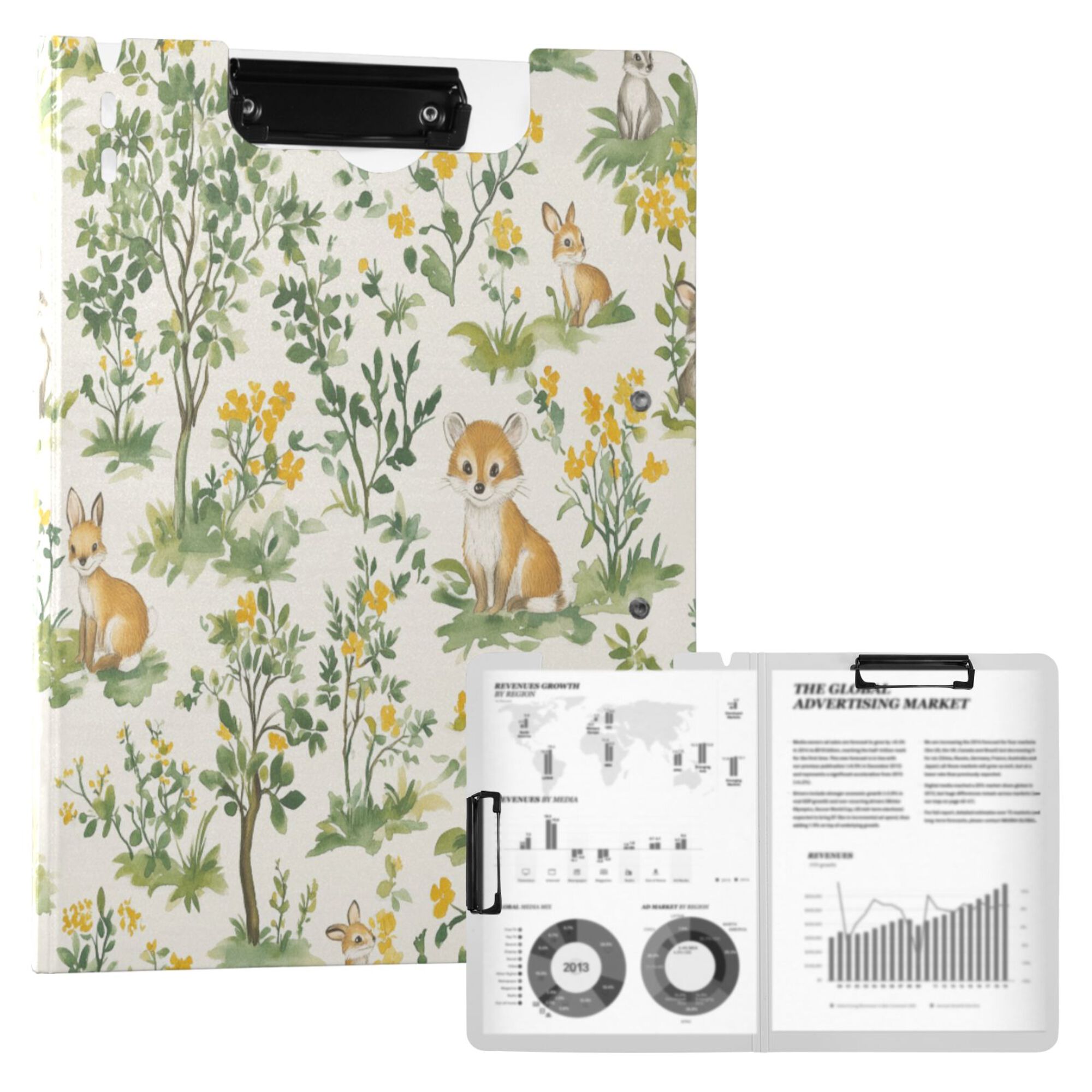 FORMRS A4 Clipboard Folder with Pen Holder Horizontal Foldable School Office Binder, Watercolor Animals Pattern