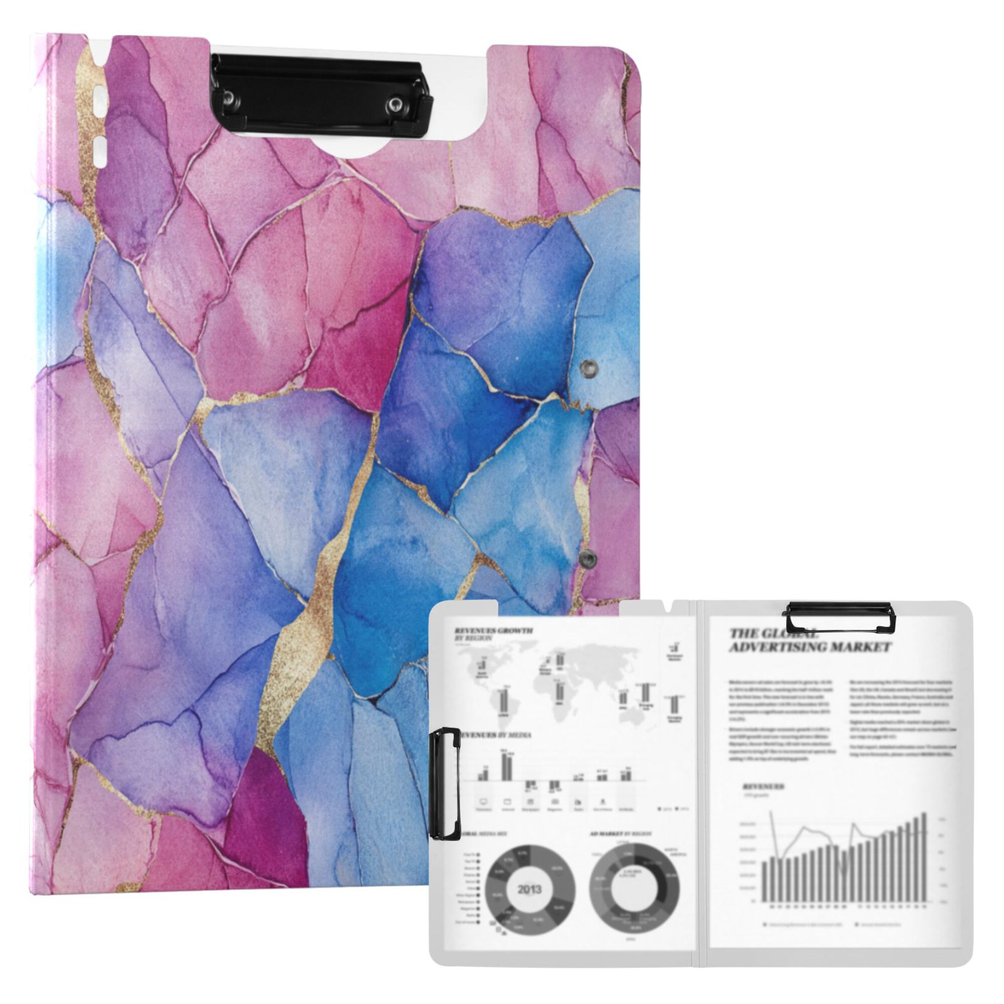 FORMRS A4 Clipboard Folder with Pen Holder Horizontal Foldable School Office Binder, Watercolor Blue Marble Pattern