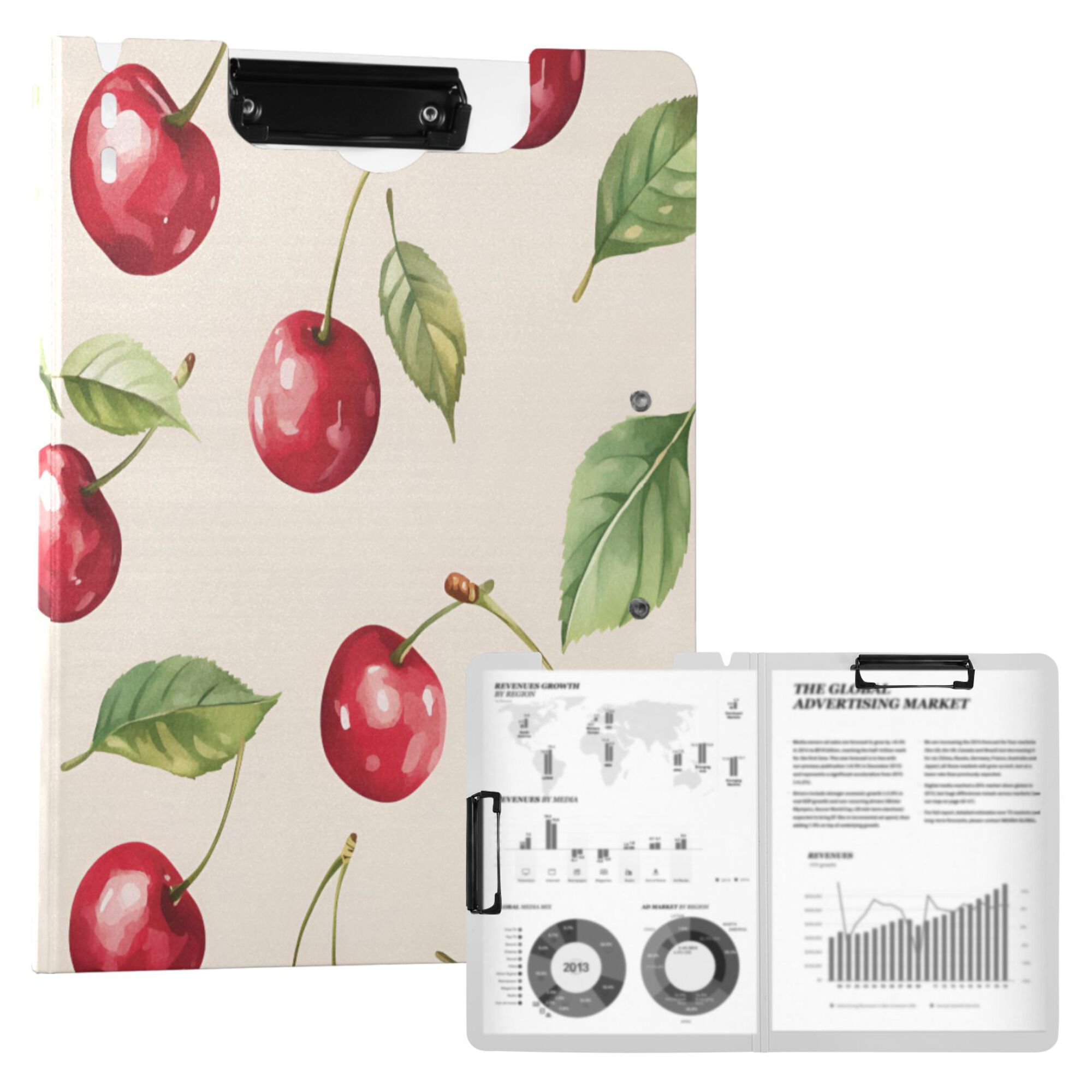 FORMRS A4 Clipboard Folder with Pen Holder Horizontal Foldable School Office Binder, Watercolor Cherry