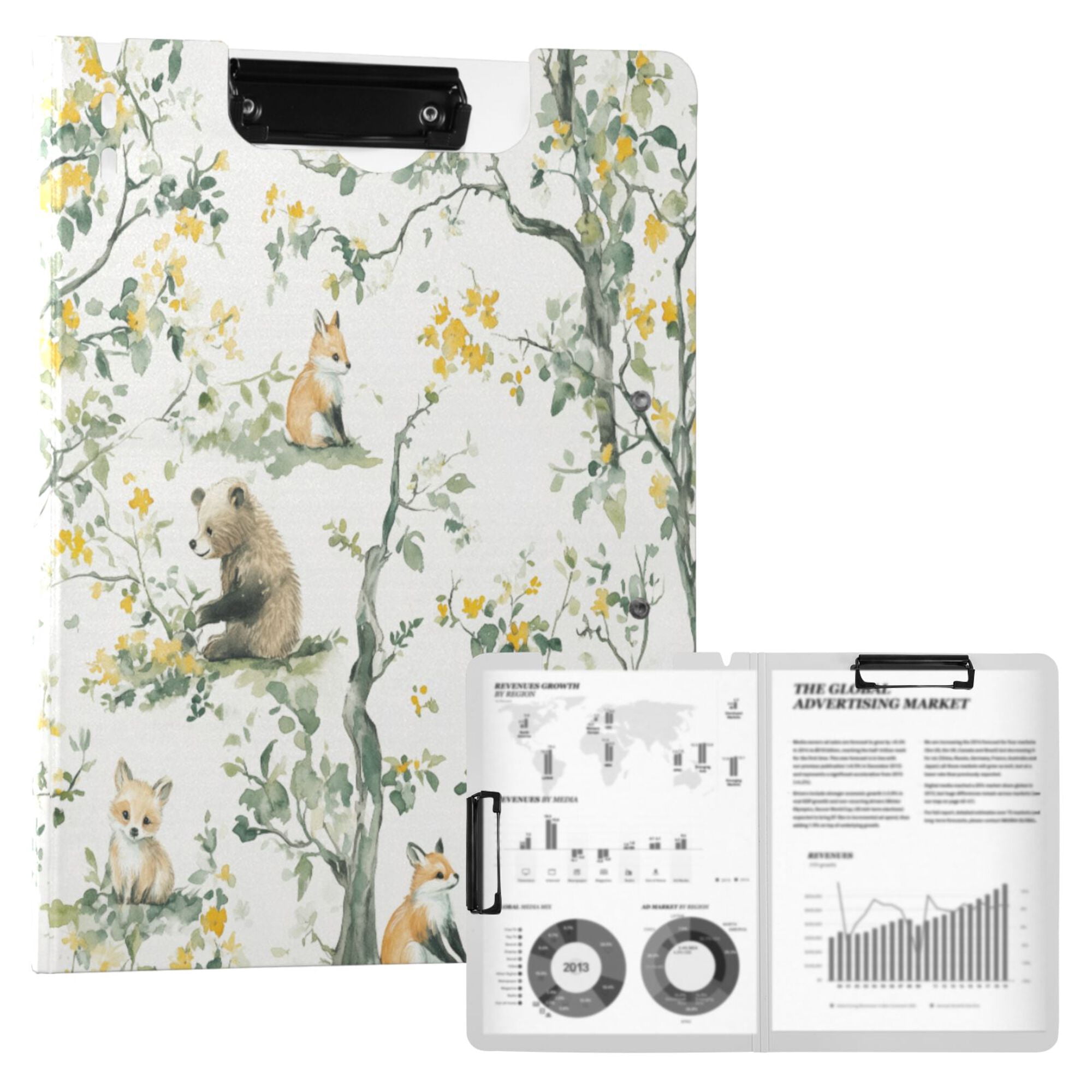 FORMRS A4 Clipboard Folder with Pen Holder Horizontal Foldable School Office Binder, Watercolor Forest Animals