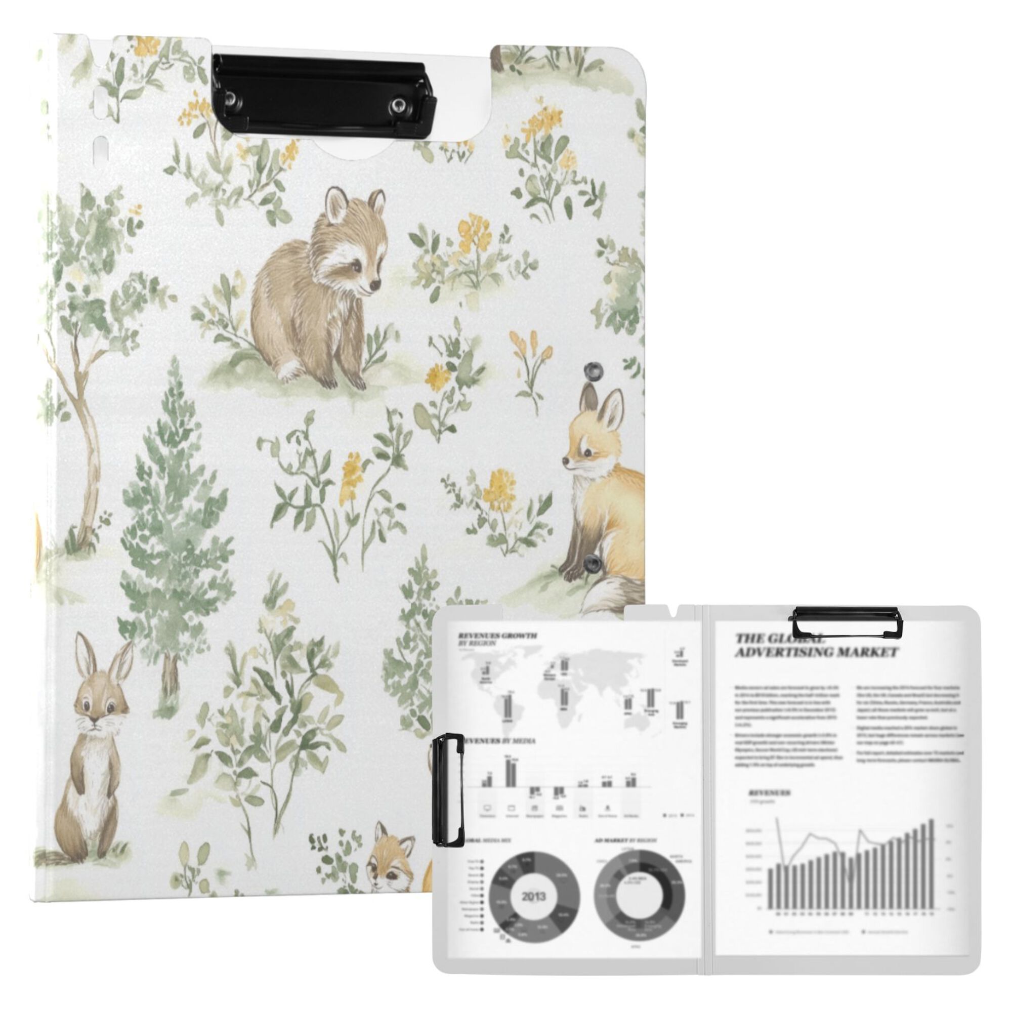 FORMRS A4 Clipboard Folder with Pen Holder Horizontal Foldable School Office Binder, Watercolor Forest Pattern