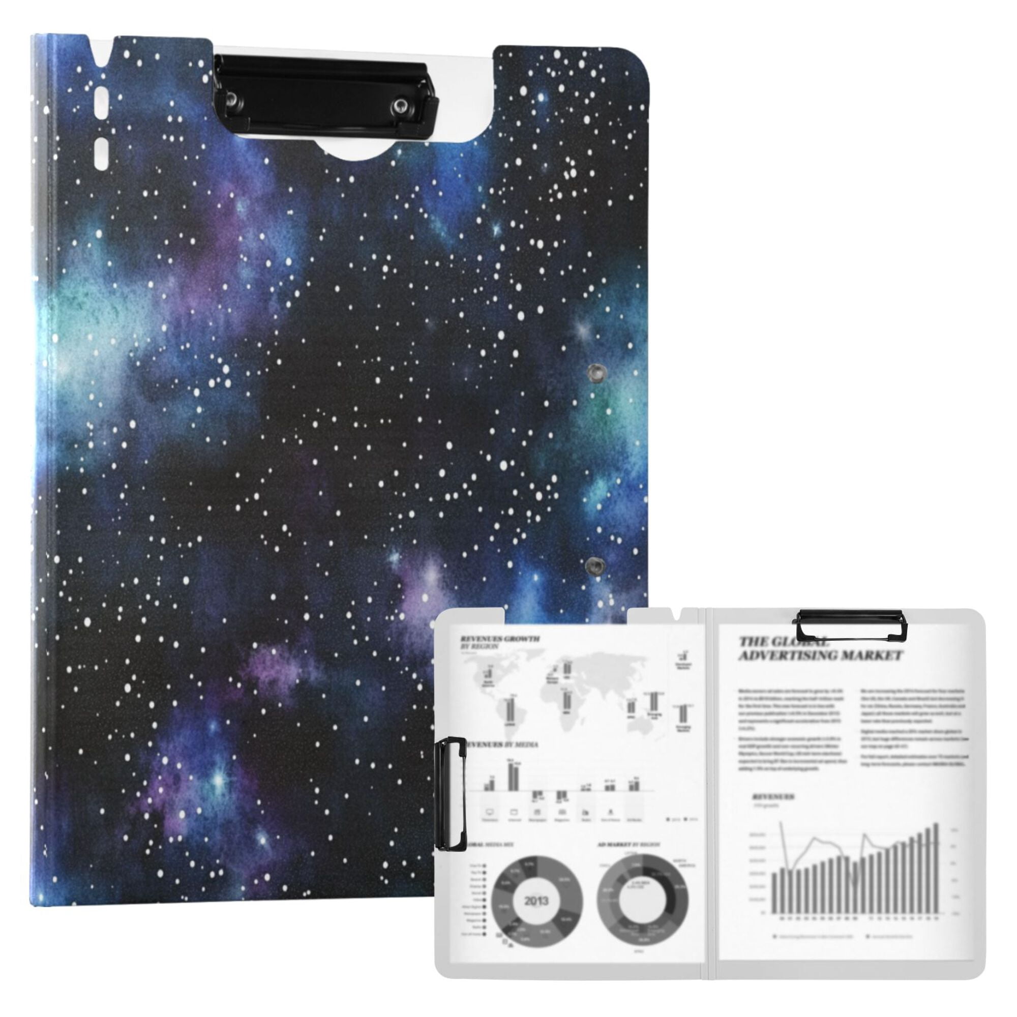 FORMRS A4 Clipboard Folder with Pen Holder Horizontal Foldable School Office Binder, Watercolor Galaxy