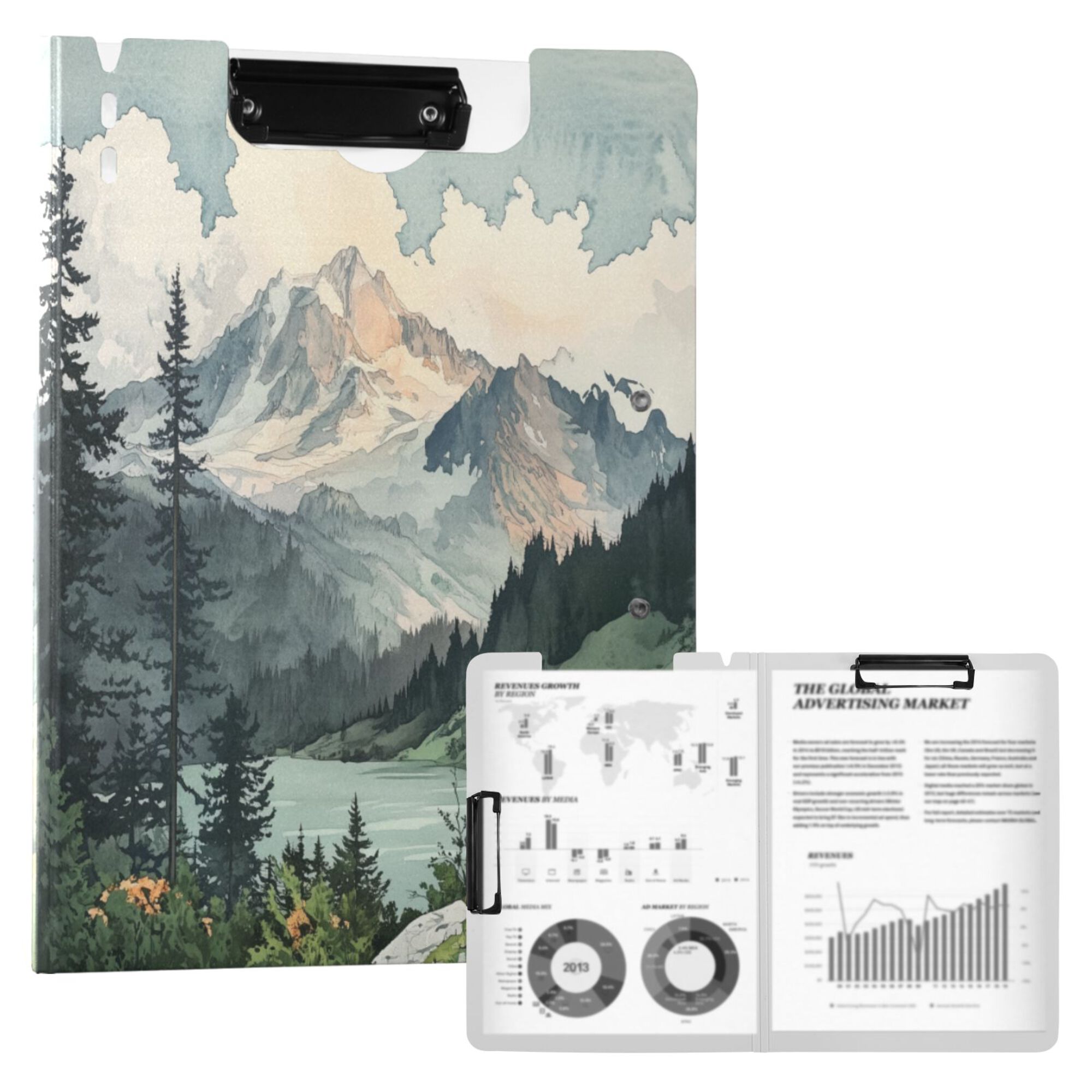 FORMRS A4 Clipboard Folder with Pen Holder Horizontal Foldable School Office Binder, Watercolor Mountatin