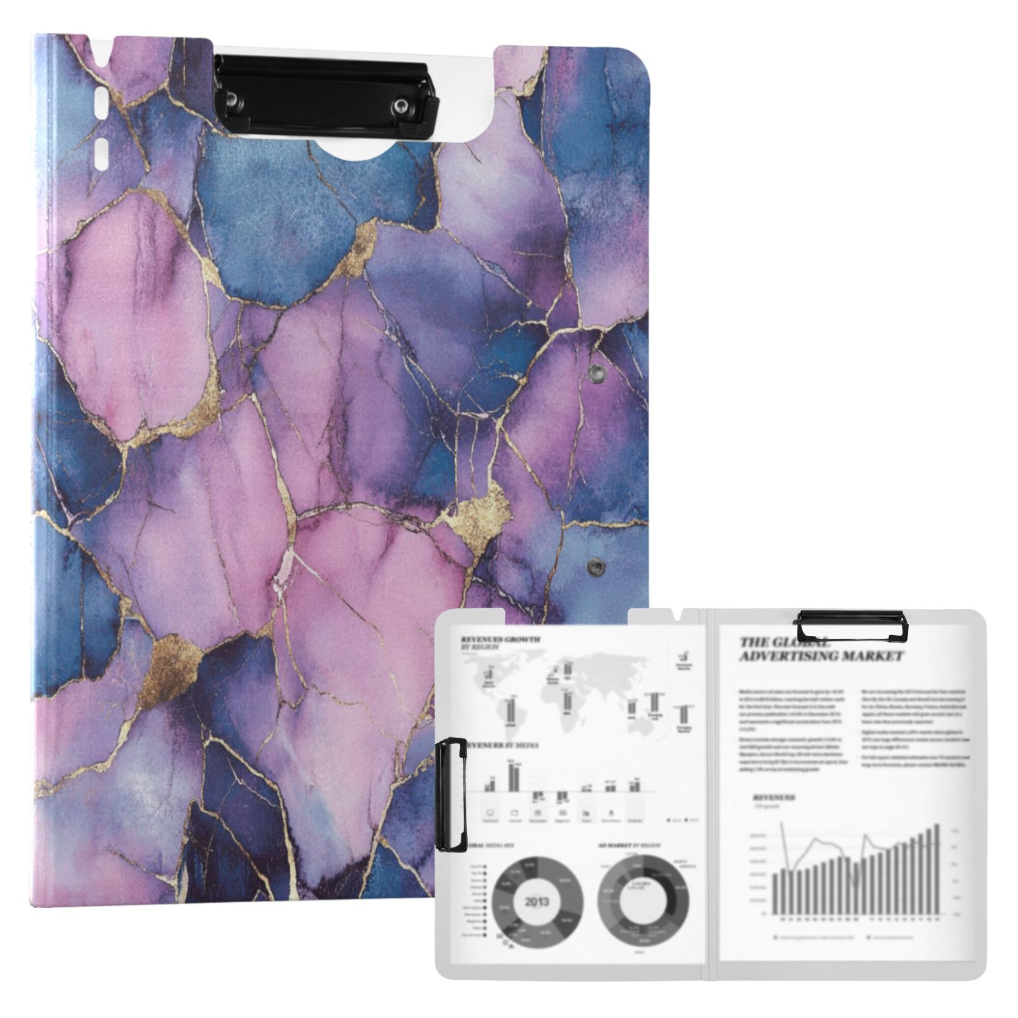 FORMRS A4 Clipboard Folder with Pen Holder Horizontal Foldable School Office Binder, Watercolor Pink Marble Pattern