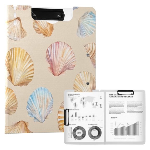 FORMRS A4 Clipboard Folder with Pen Holder Horizontal Foldable School Office Binder, Watercolor Seashell