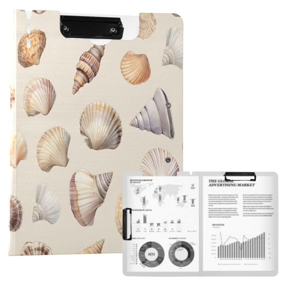 FORMRS A4 Clipboard Folder with Pen Holder Horizontal Foldable School Office Binder, Watercolor Seashells