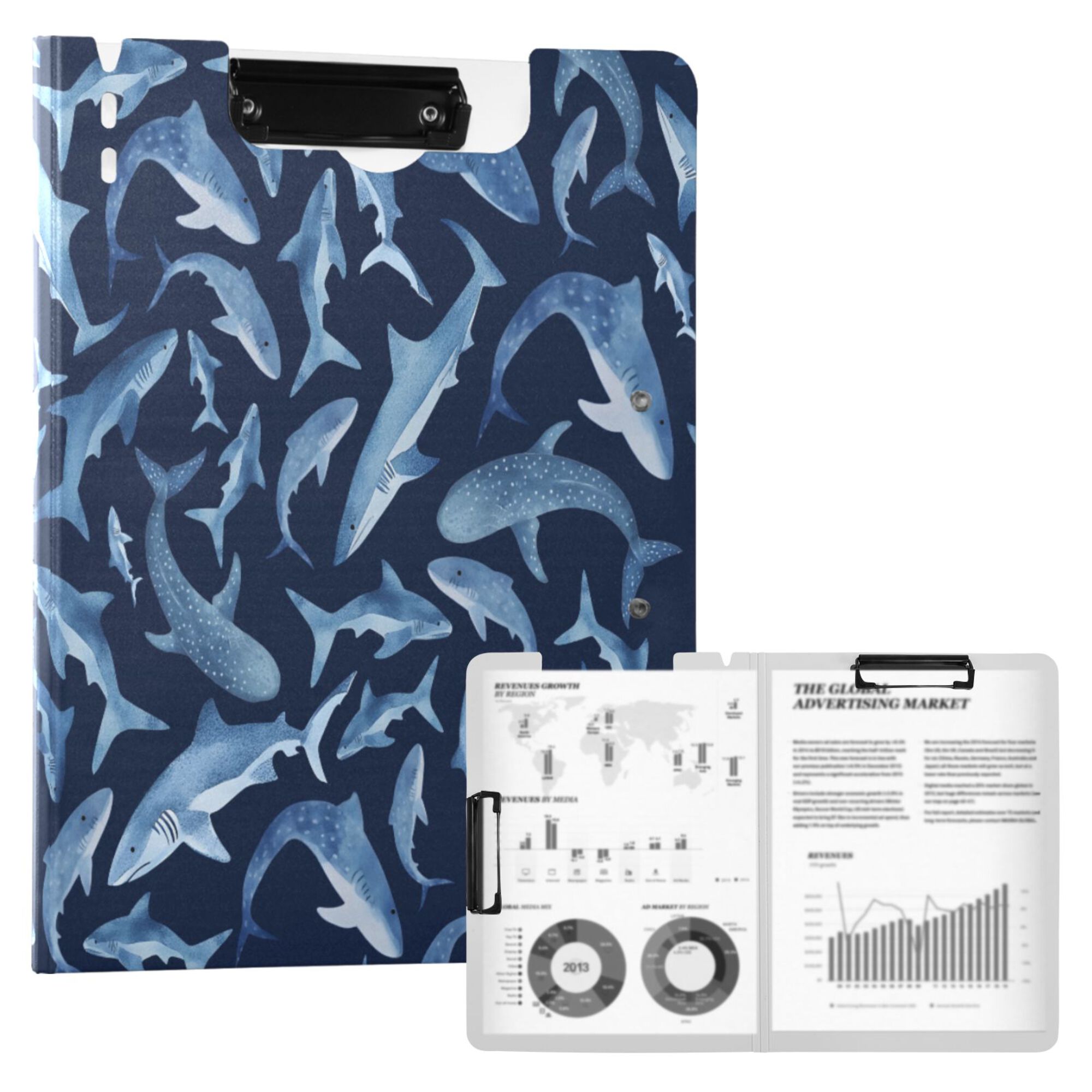 FORMRS A4 Clipboard Folder with Pen Holder Horizontal Foldable School Office Binder, Watercolor Shark Pattern