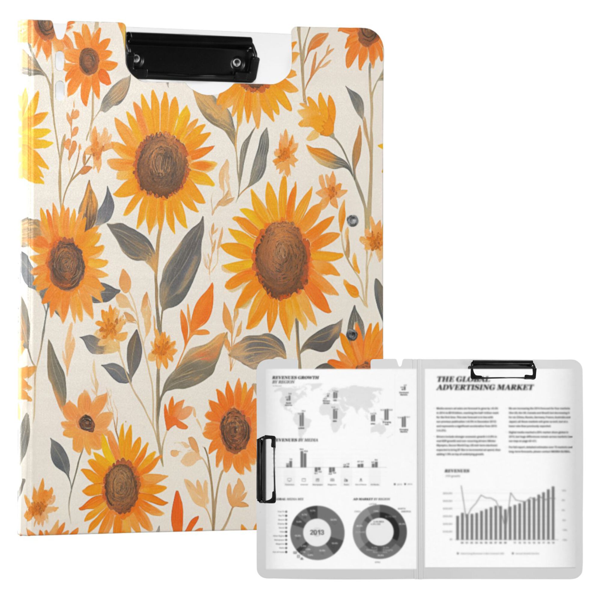 FORMRS A4 Clipboard Folder with Pen Holder Horizontal Foldable School Office Binder, Watercolor Sunflowers and Leaves