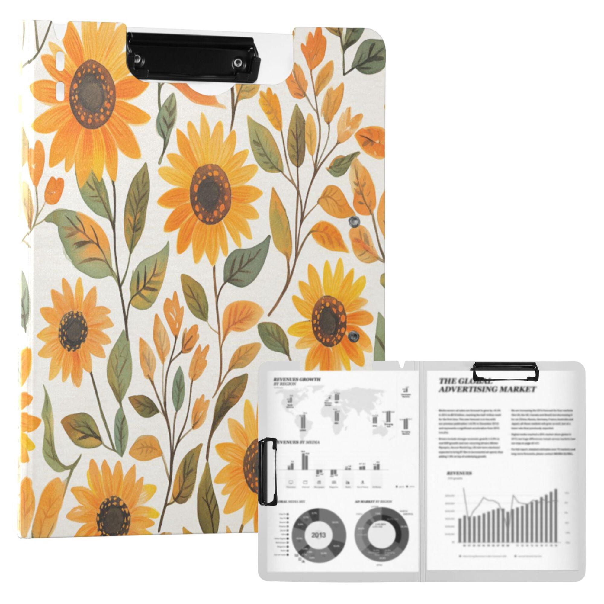 FORMRS A4 Clipboard Folder with Pen Holder Horizontal Foldable School Office Binder, Watercolor Sunflowers
