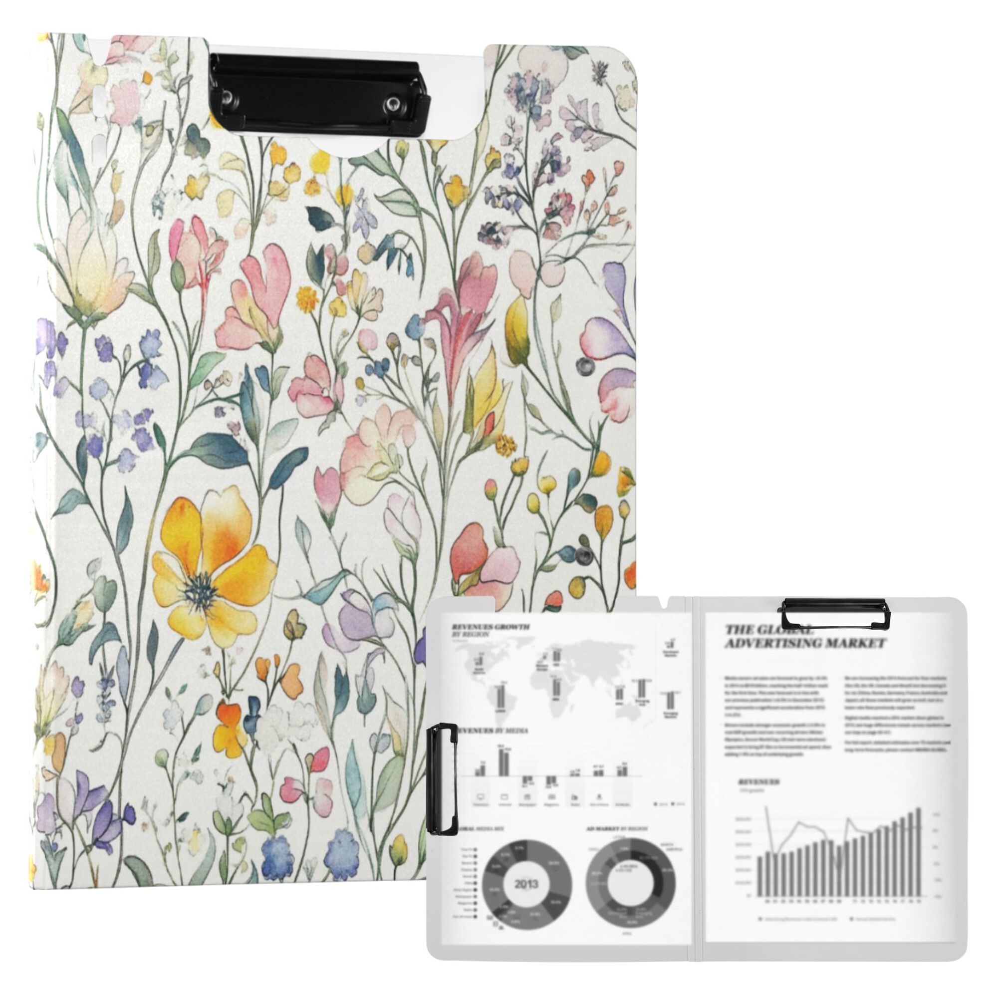 FORMRS A4 Clipboard Folder with Pen Holder Horizontal Foldable School Office Binder, Watercolor Wildflowers