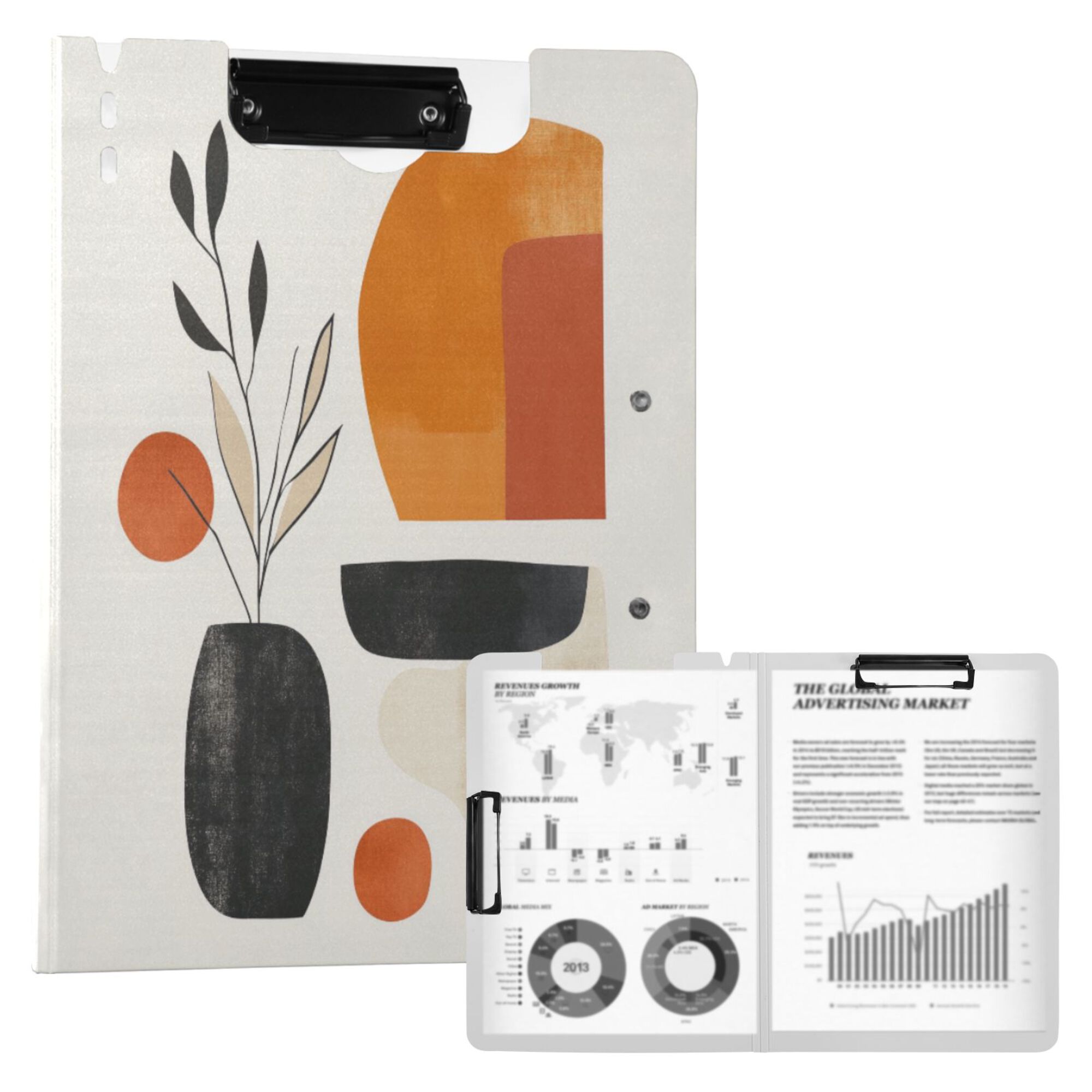 FORMRS A4 Clipboard Folder with Pen Holder Horizontal Foldable School Office Binder, White Abstract Shapes