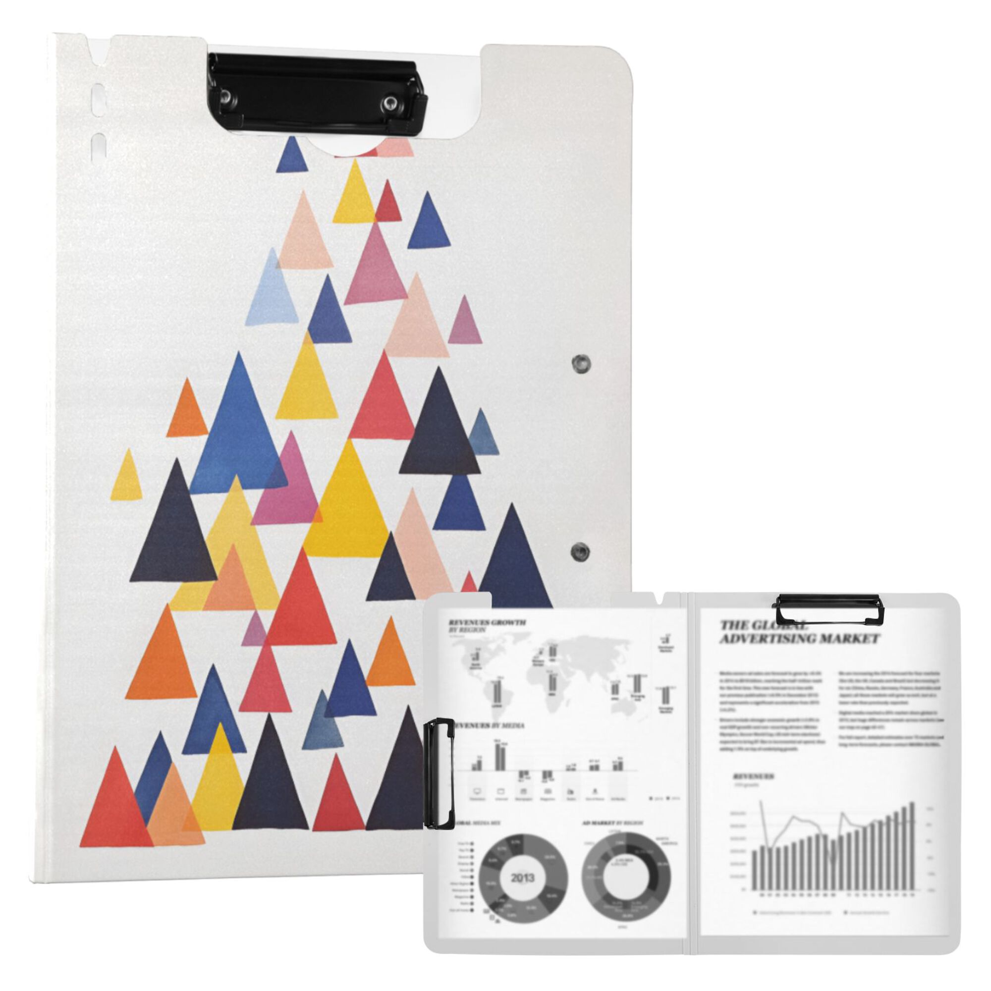 FORMRS A4 Clipboard Folder with Pen Holder Horizontal Foldable School Office Binder, White Abstract Triangles