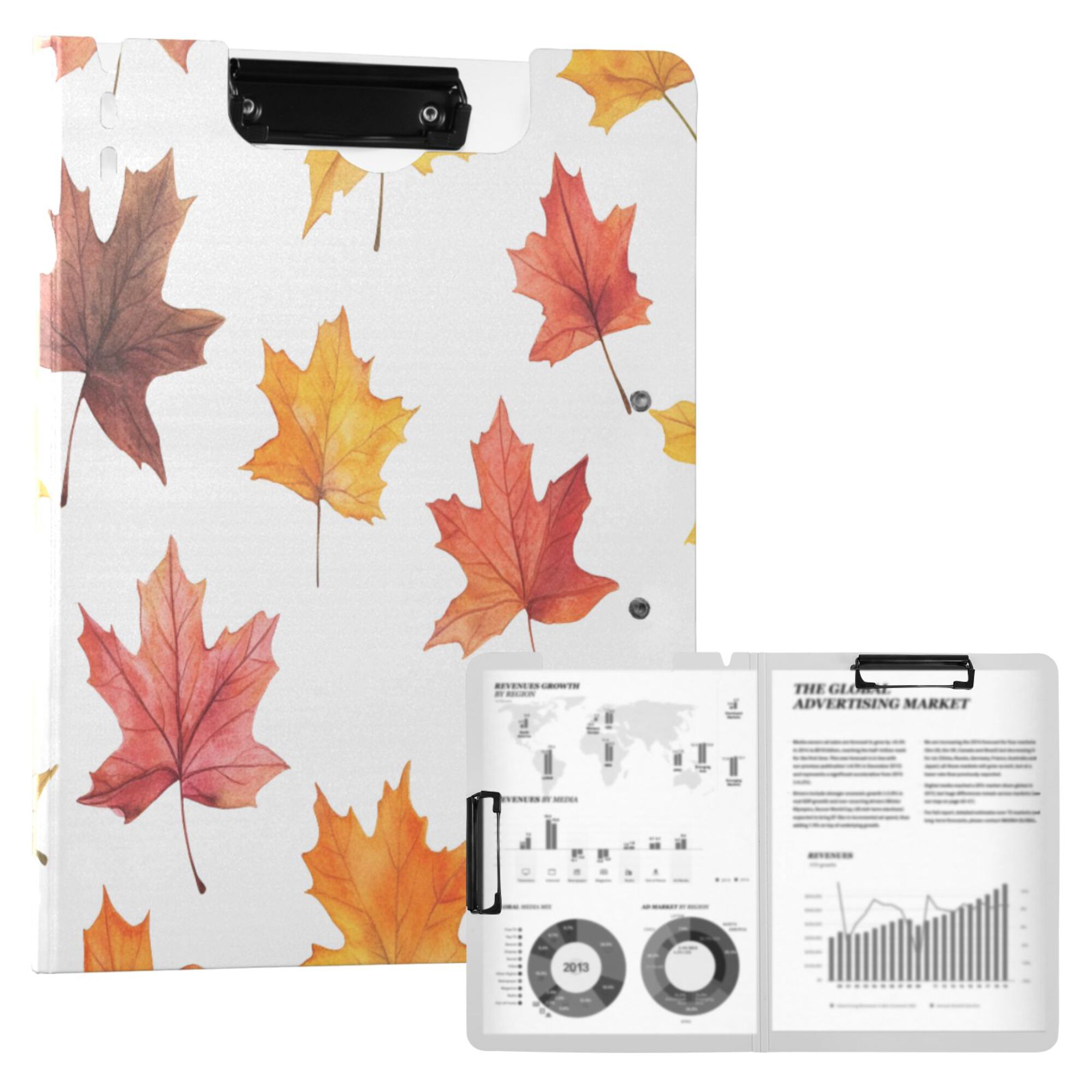 FORMRS A4 Clipboard Folder with Pen Holder Horizontal Foldable School Office Binder, White Autumn Leaves