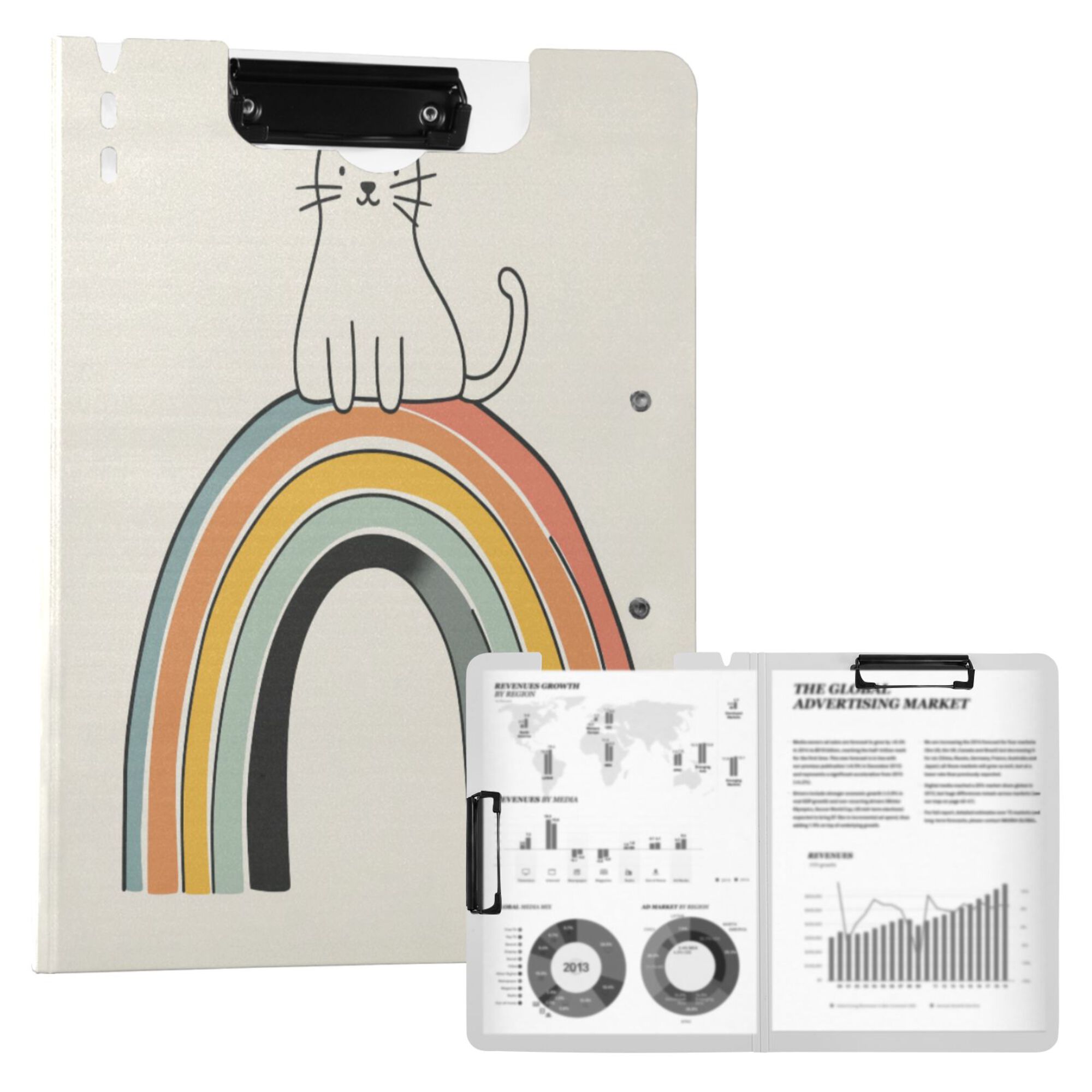 FORMRS A4 Clipboard Folder with Pen Holder Horizontal Foldable School Office Binder, White Cat Rainbow