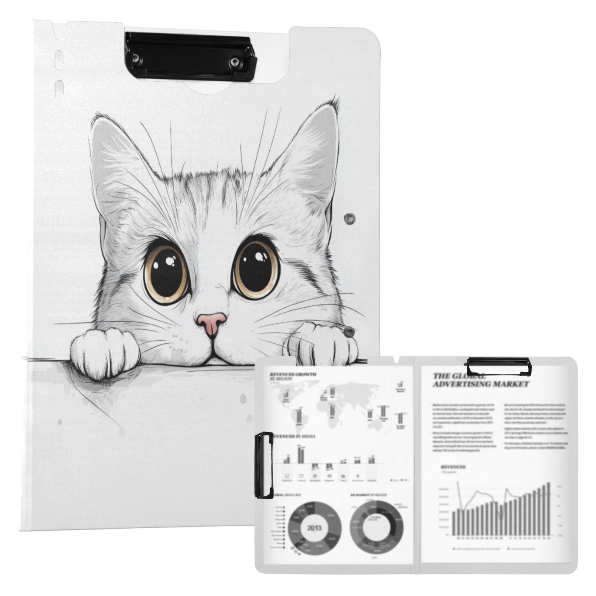 FORMRS A4 Clipboard Folder with Pen Holder Horizontal Foldable School Office Binder, White Cat