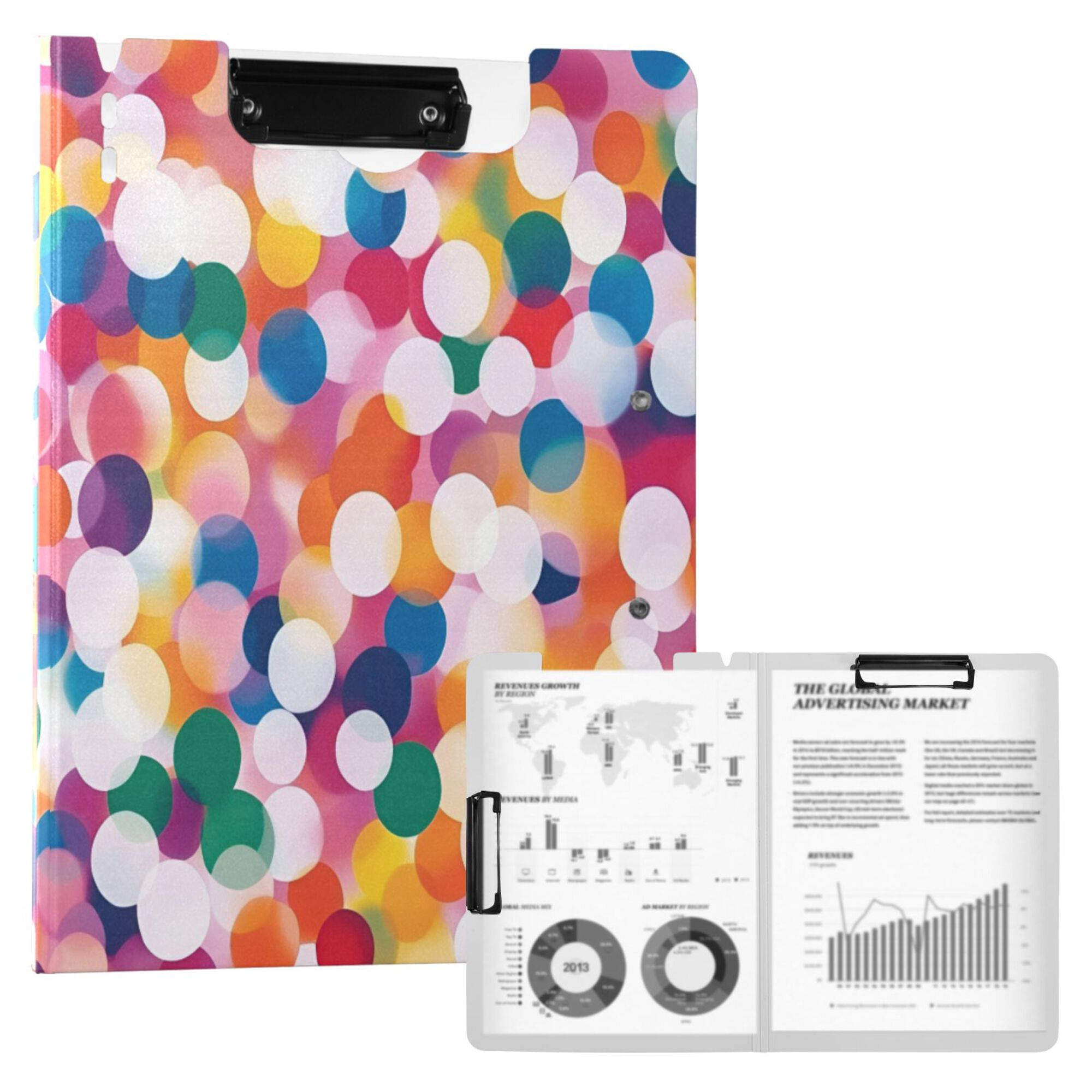 FORMRS A4 Clipboard Folder with Pen Holder Horizontal Foldable School Office Binder, White Colorful Circles