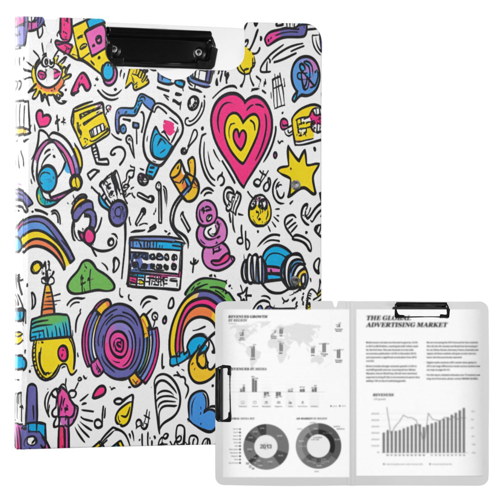 FORMRS A4 Clipboard Folder with Pen Holder Horizontal Foldable School Office Binder, White Doodle Pattern