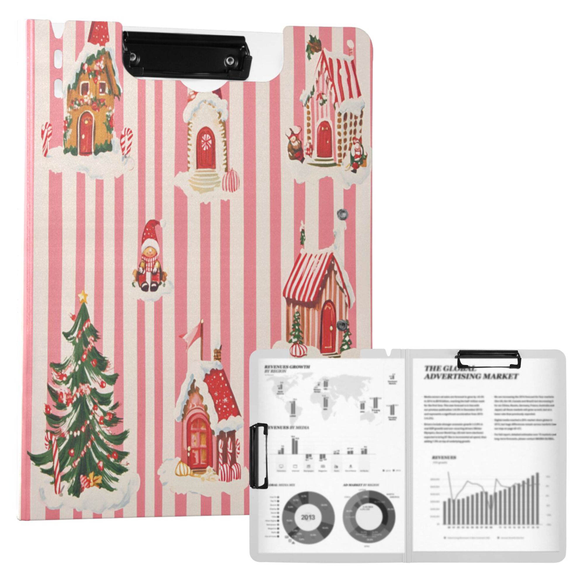 FORMRS A4 Clipboard Folder with Pen Holder Horizontal Foldable School Office Binder, White Gingerbread Houses