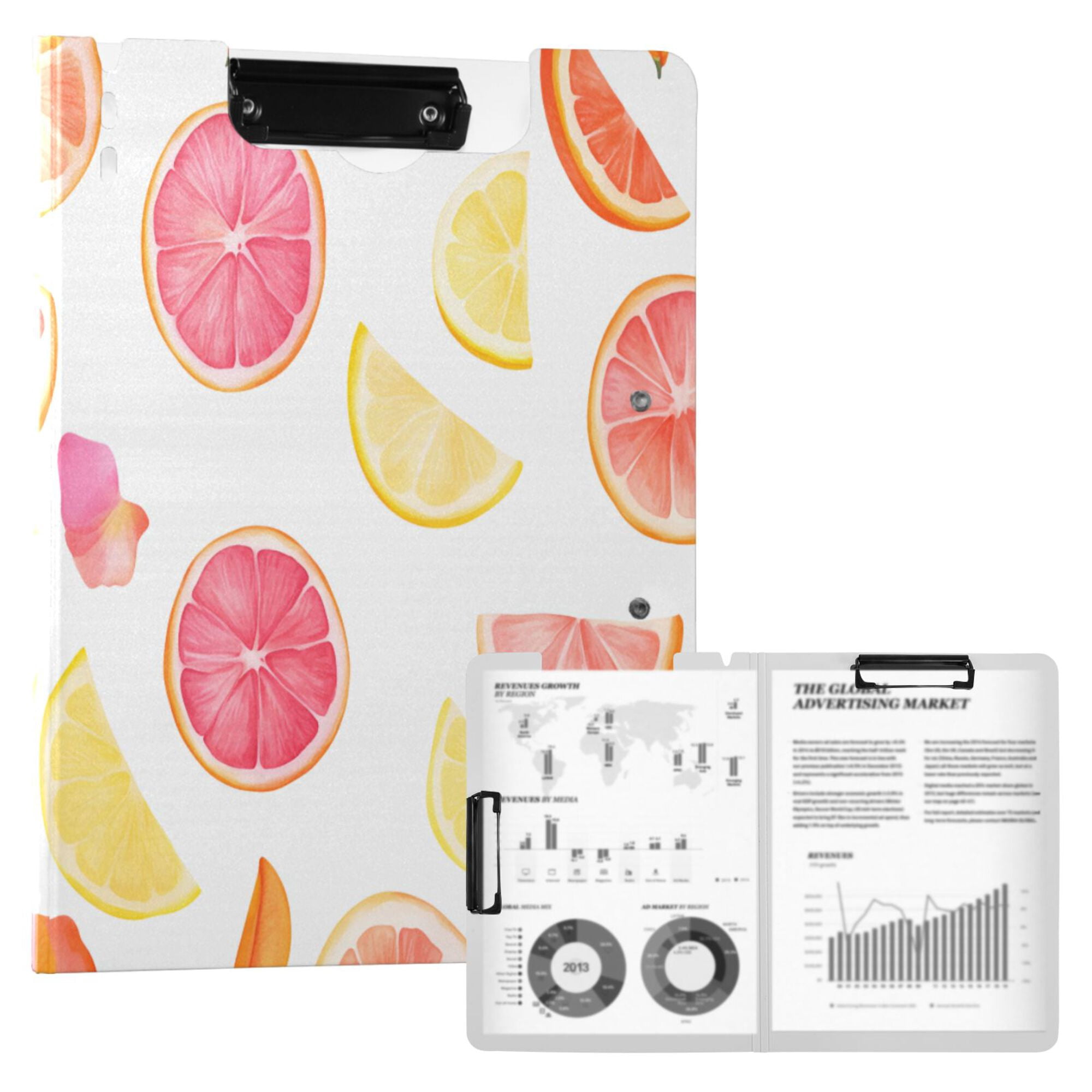 FORMRS A4 Clipboard Folder with Pen Holder Horizontal Foldable School Office Binder, White Grapefruit Slices
