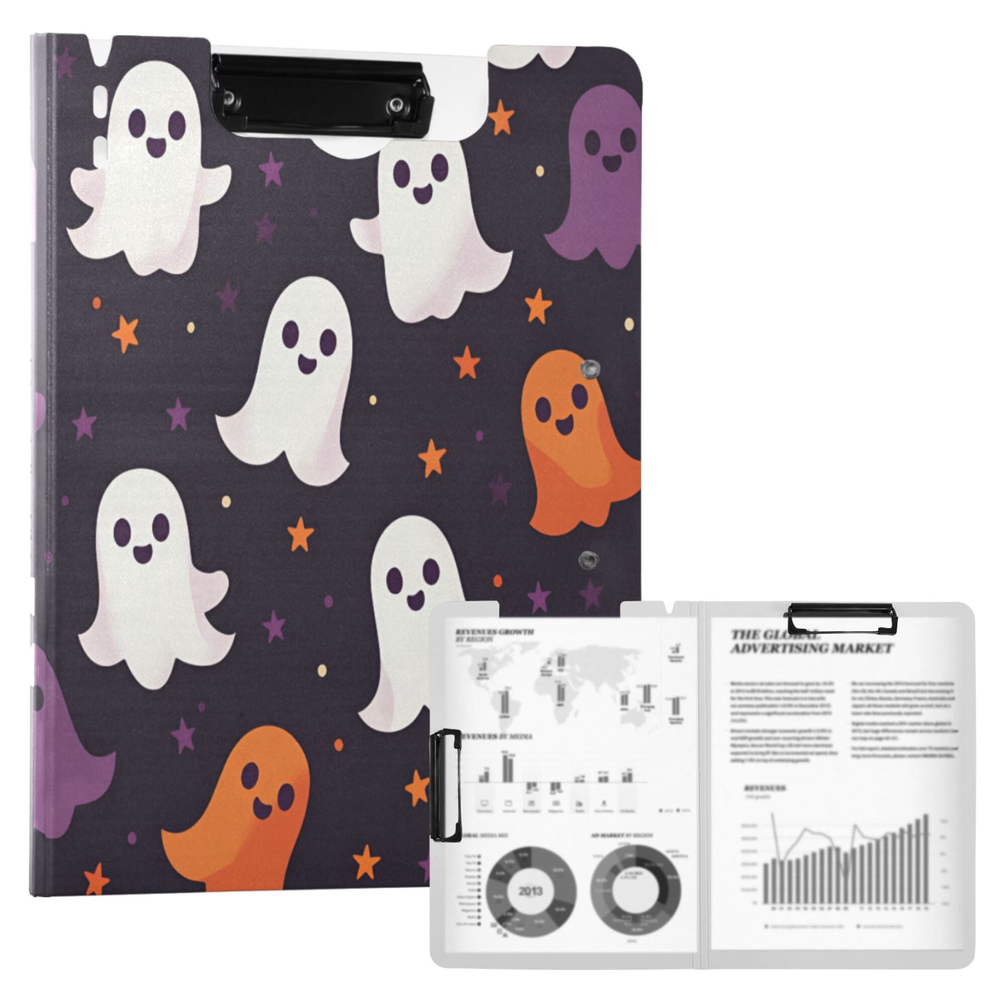 FORMRS A4 Clipboard Folder with Pen Holder Horizontal Foldable School Office Binder, White Halloween Ghosts