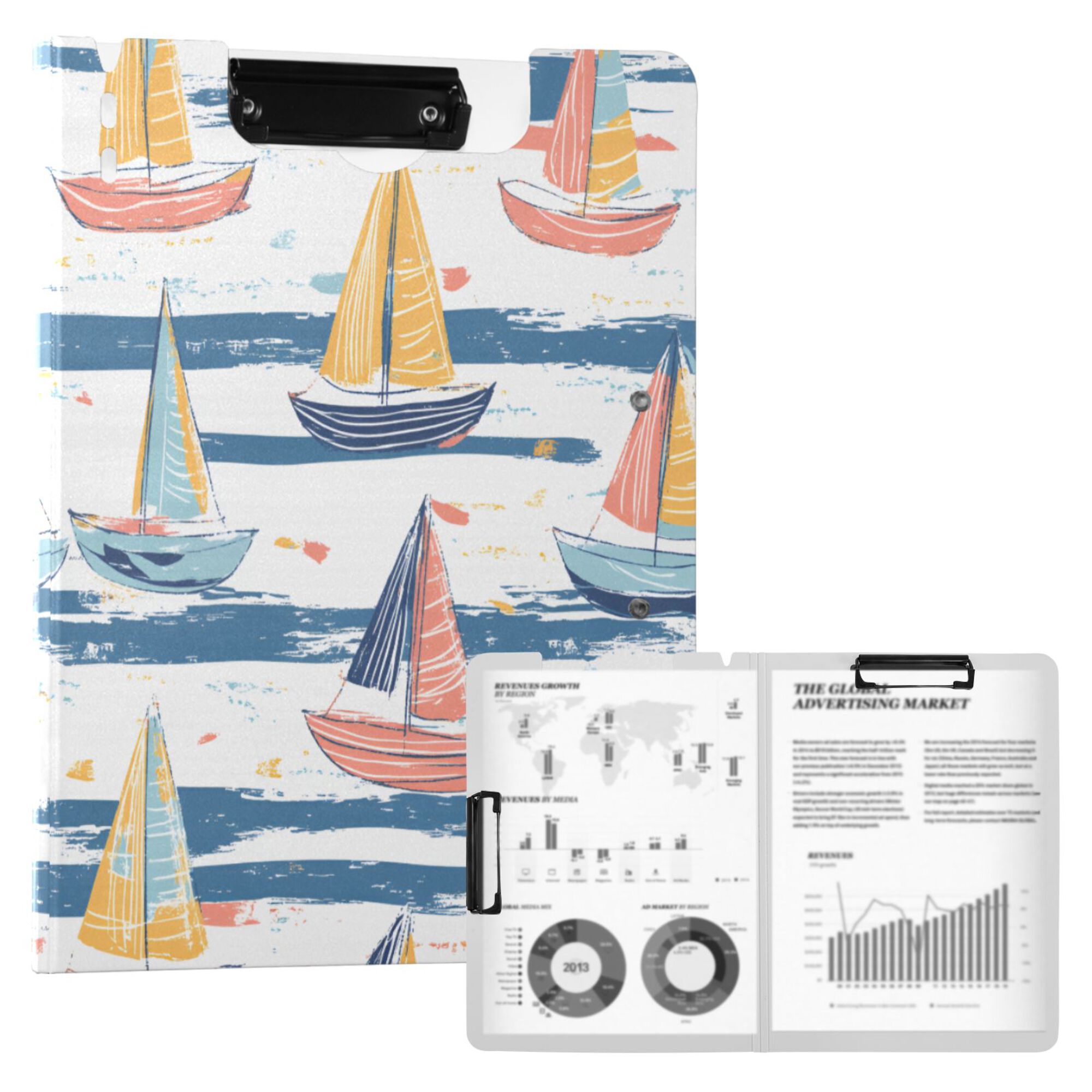 FORMRS A4 Clipboard Folder with Pen Holder Horizontal Foldable School Office Binder, White Hand Drawn Sailboats