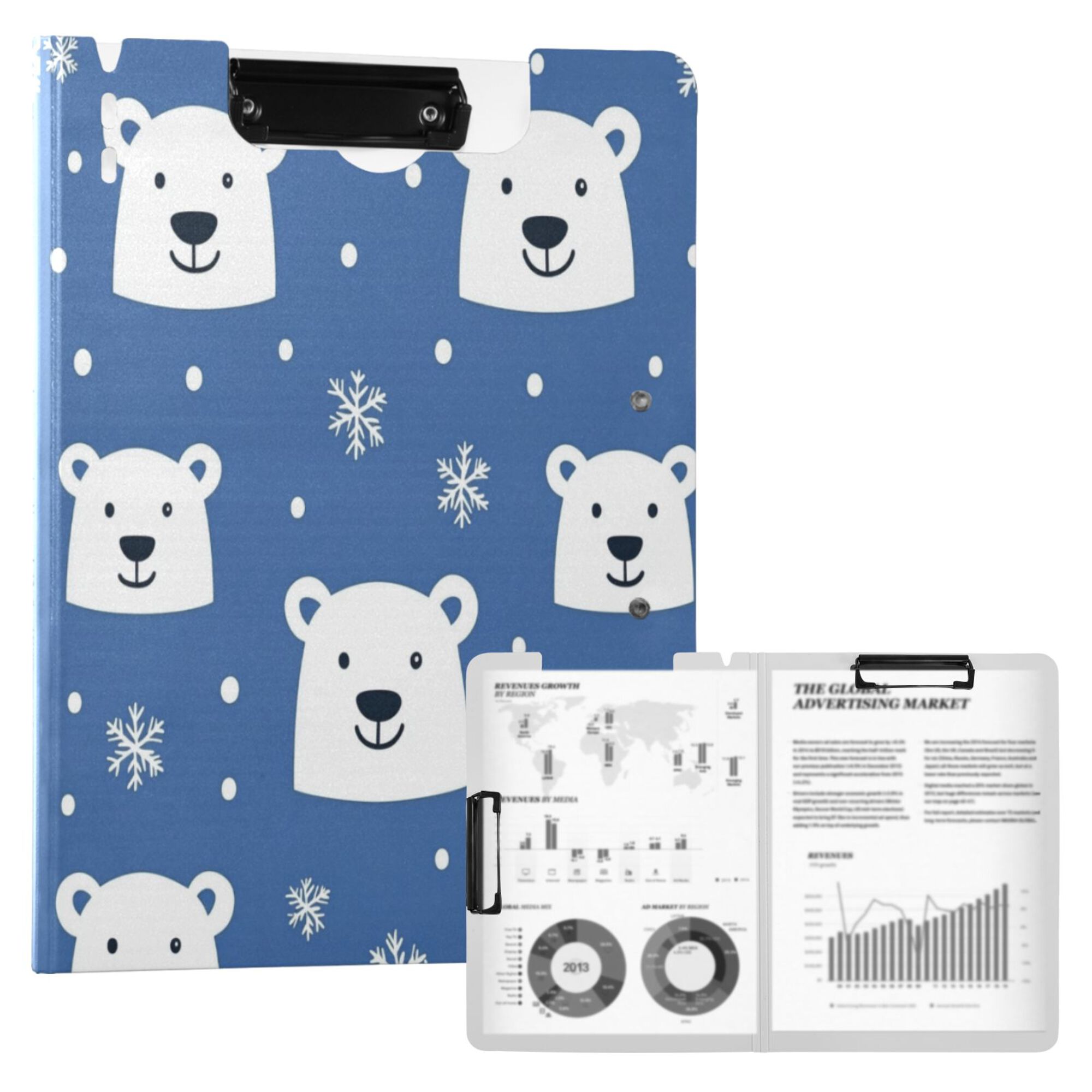 FORMRS A4 Clipboard Folder with Pen Holder Horizontal Foldable School Office Binder, White Polar Bear