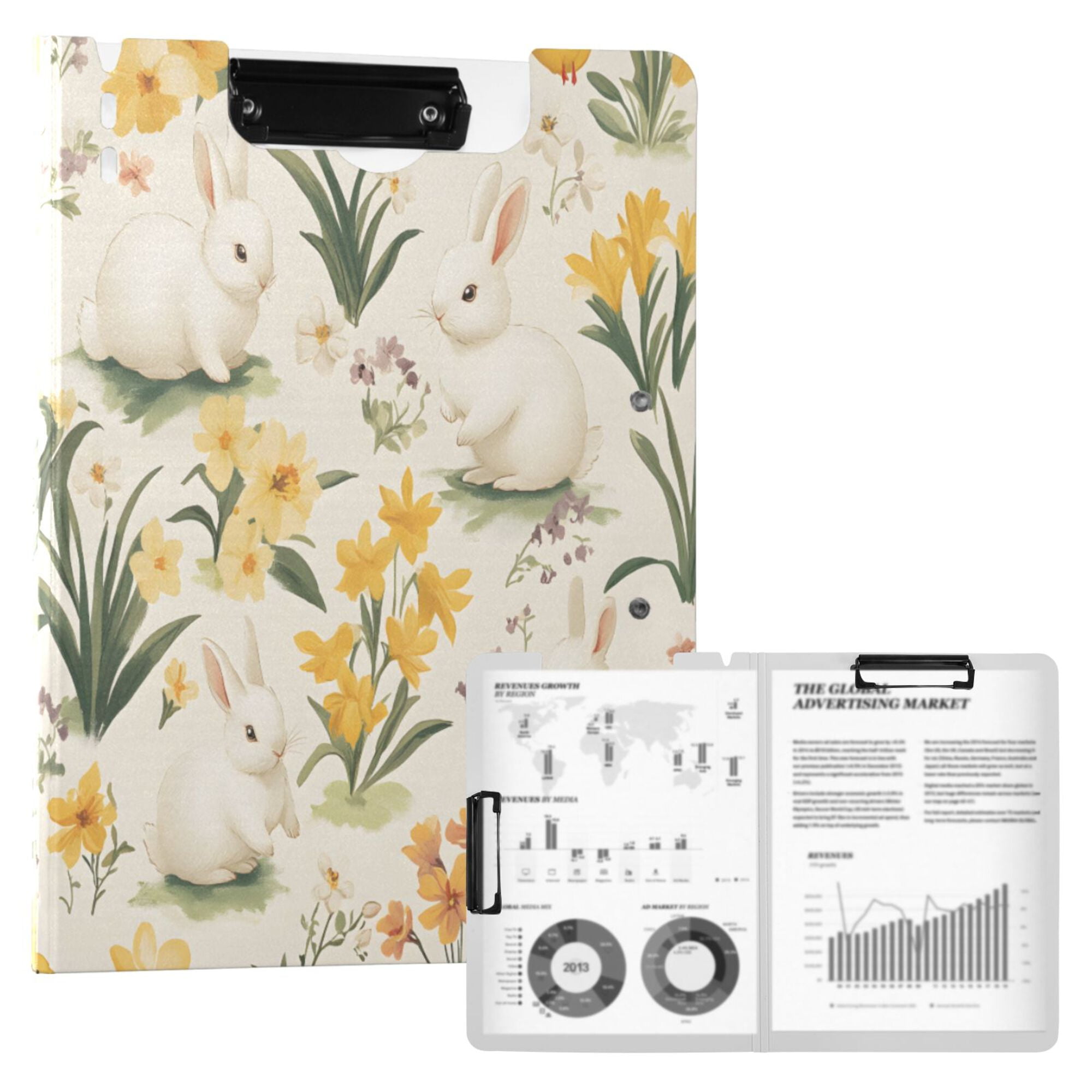 FORMRS A4 Clipboard Folder with Pen Holder Horizontal Foldable School Office Binder, White Rabbits
