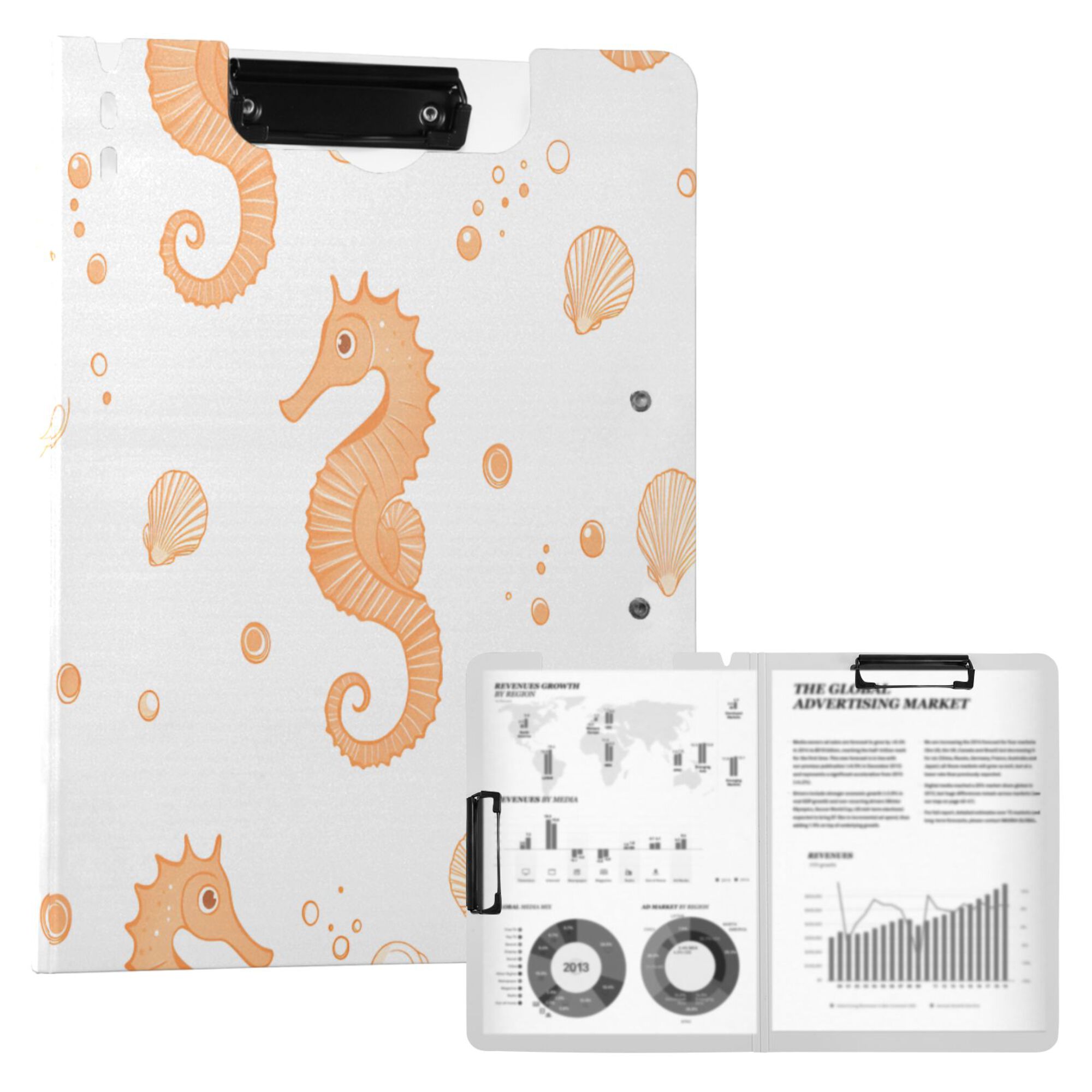 FORMRS A4 Clipboard Folder with Pen Holder Horizontal Foldable School Office Binder, White Seahorse