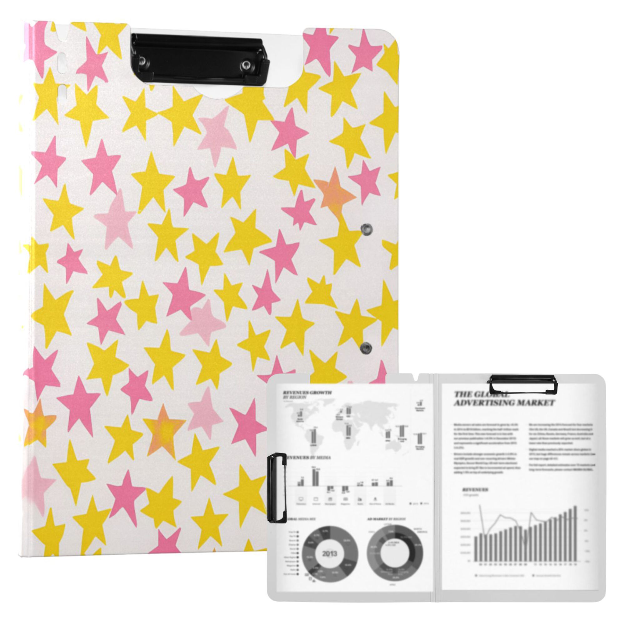 FORMRS A4 Clipboard Folder with Pen Holder Horizontal Foldable School Office Binder, White Stars Pattern