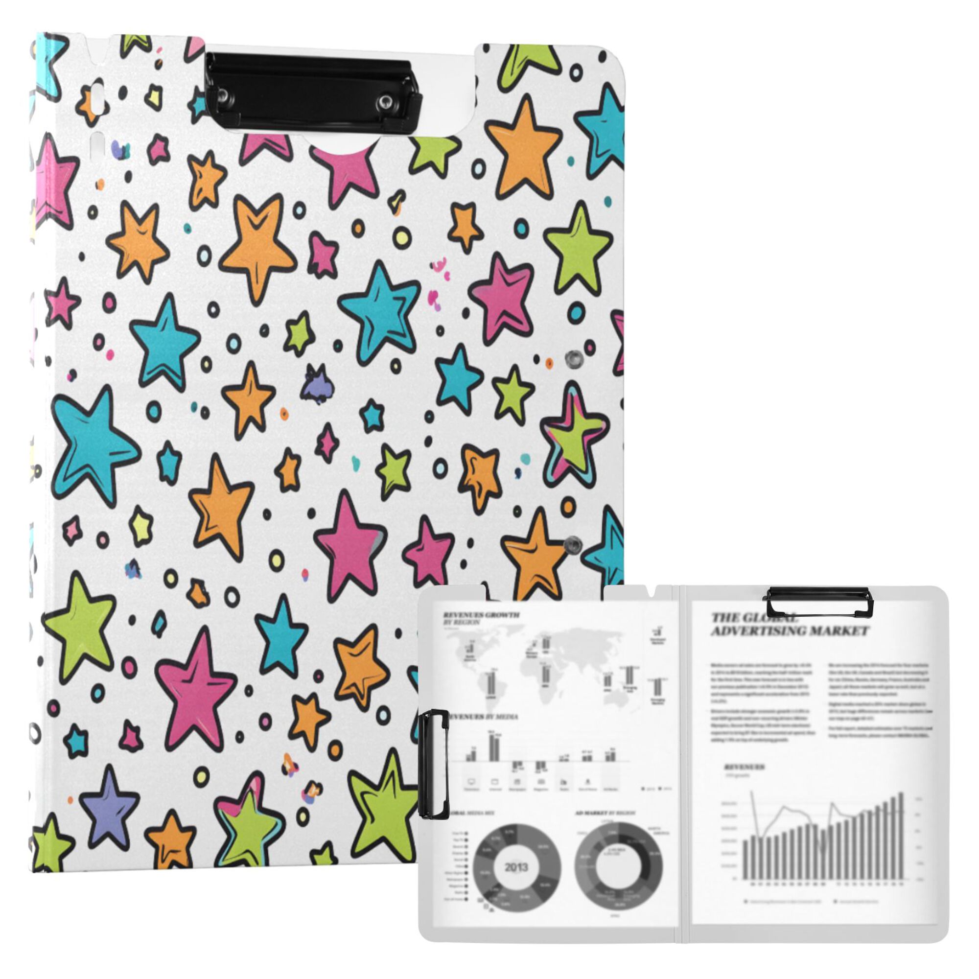 FORMRS A4 Clipboard Folder with Pen Holder Horizontal Foldable School Office Binder, White Stars