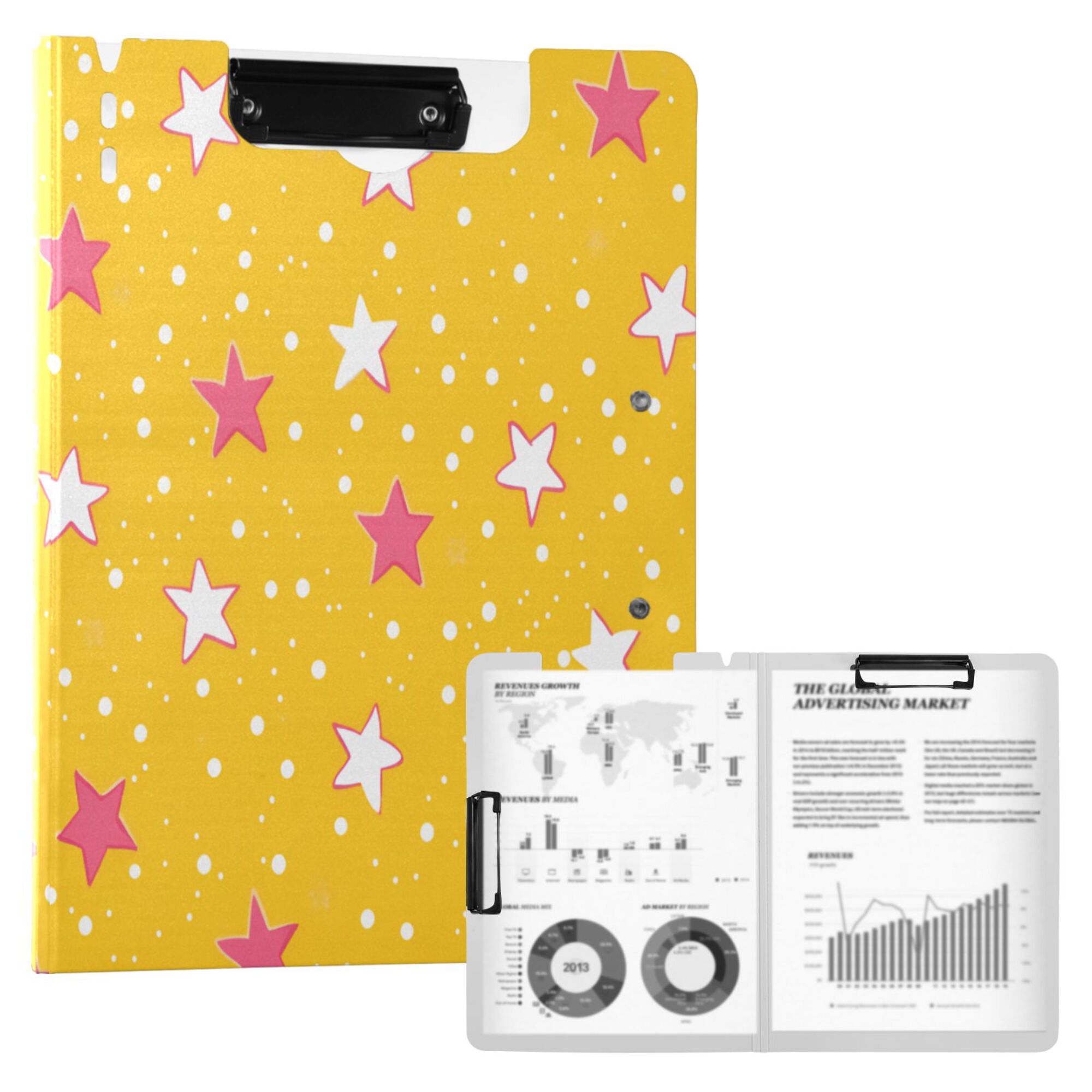 FORMRS A4 Clipboard Folder with Pen Holder Horizontal Foldable School Office Binder, White Stars