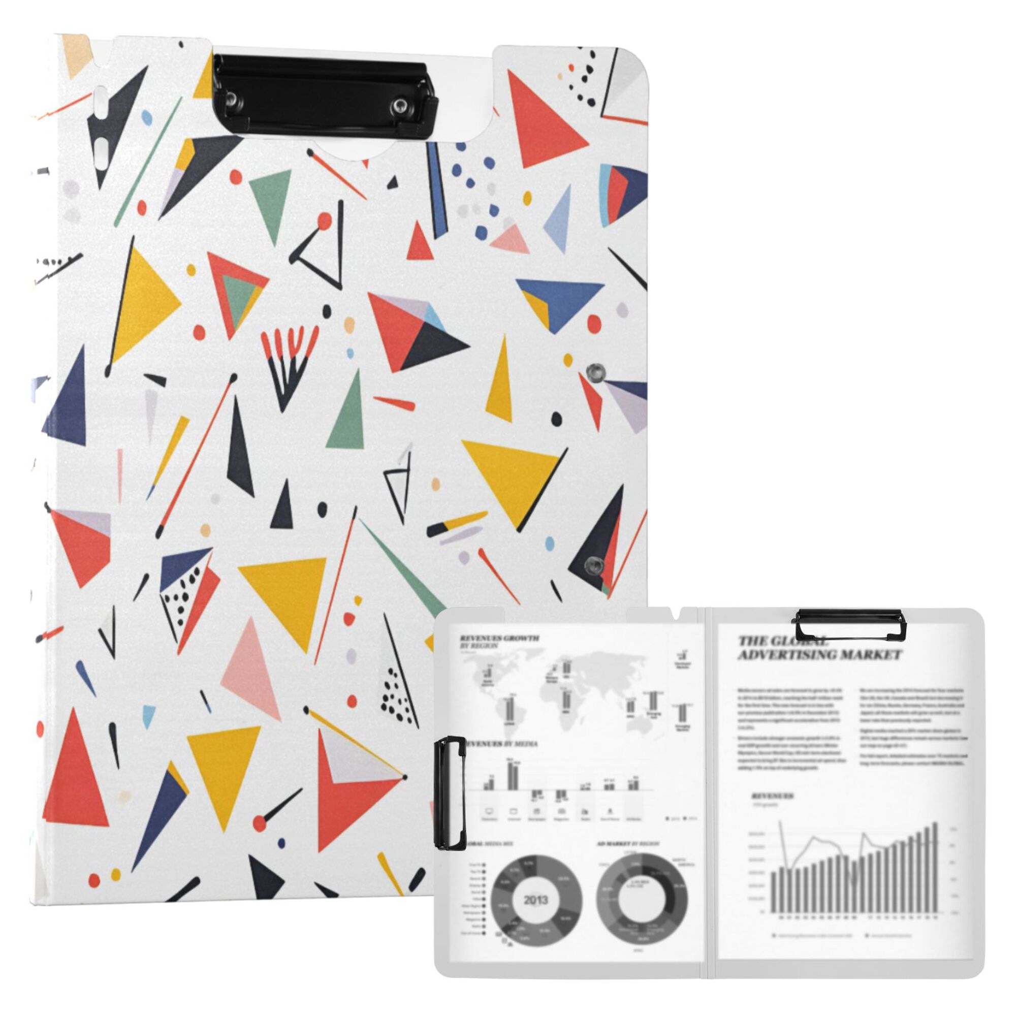 FORMRS A4 Clipboard Folder with Pen Holder Horizontal Foldable School Office Binder, White Triangles