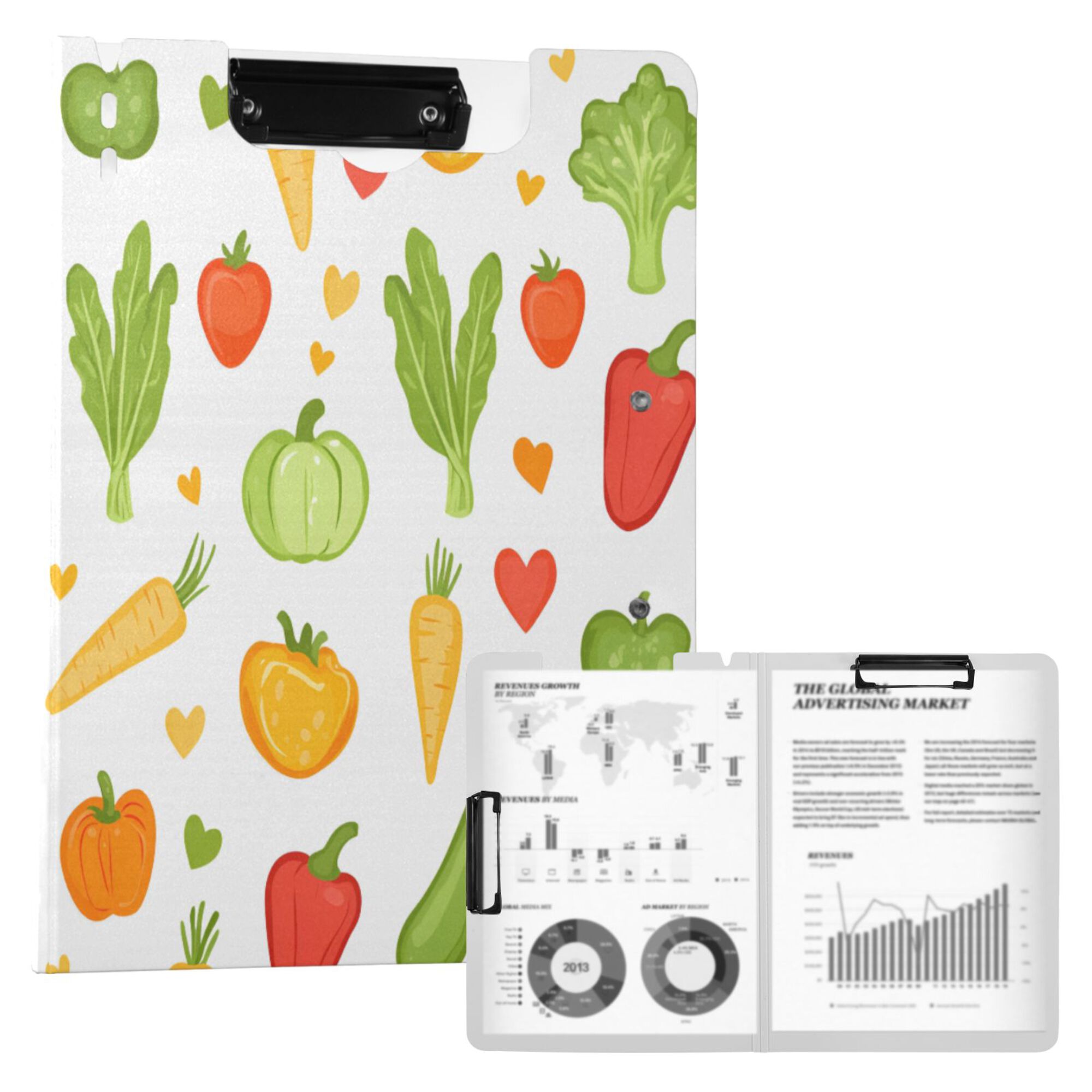 FORMRS A4 Clipboard Folder with Pen Holder Horizontal Foldable School Office Binder, White Vegetables Pattern