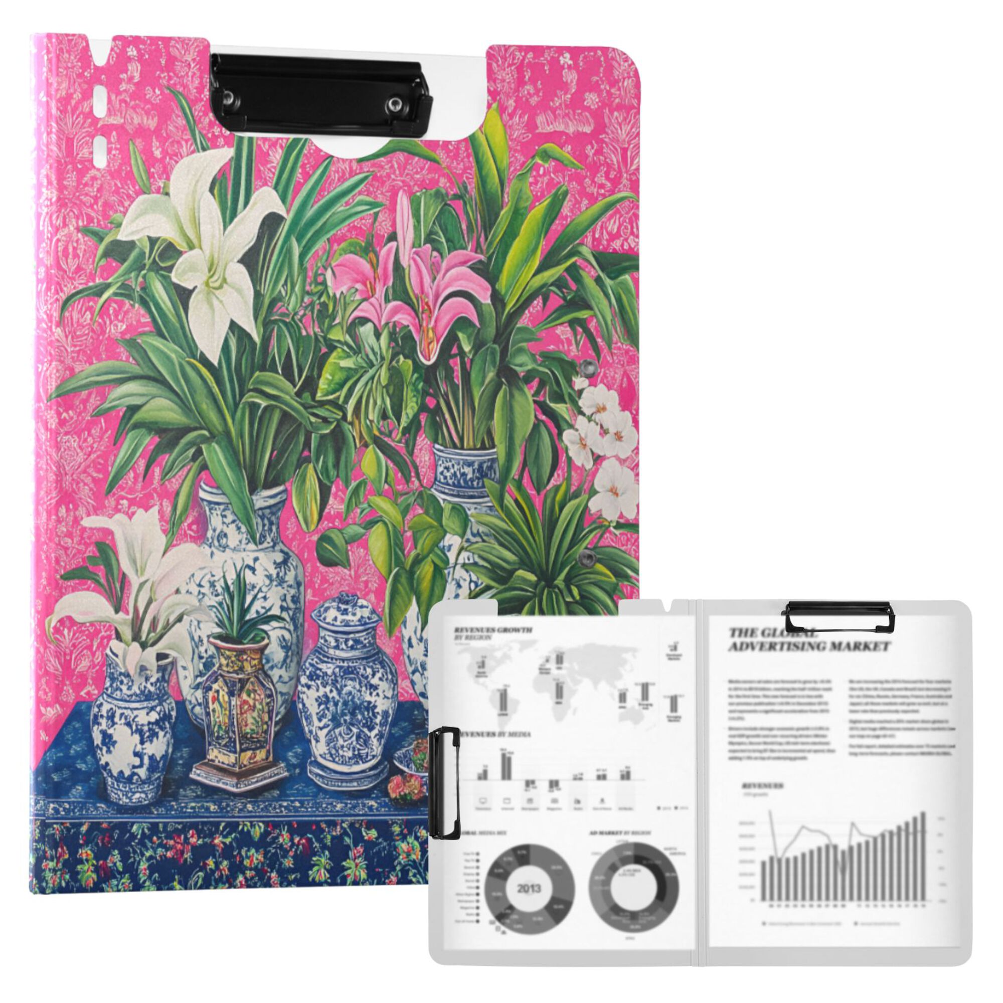 FORMRS A4 Clipboard Folder with Pen Holder Horizontal Foldable School Office Binder, White Vibrant Flowers