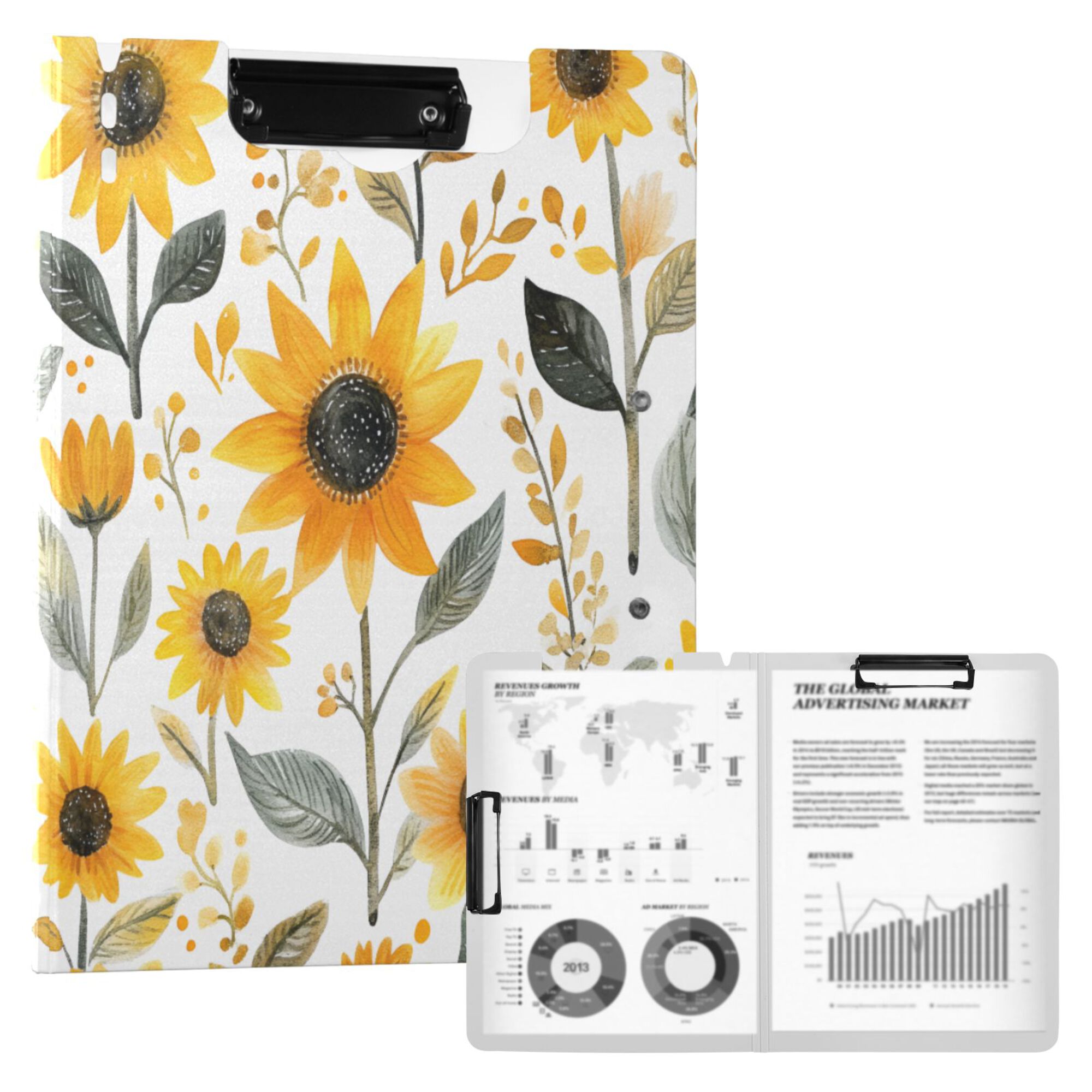 FORMRS A4 Clipboard Folder with Pen Holder Horizontal Foldable School Office Binder, White Watercolor Sunflowers
