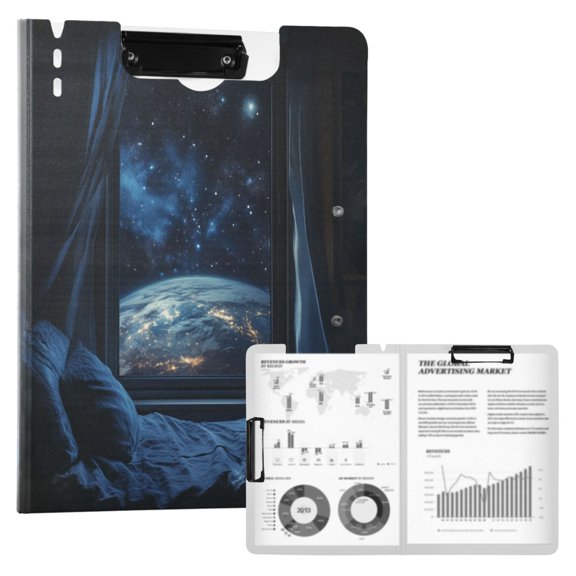 FORMRS A4 Clipboard Folder with Pen Holder Horizontal Foldable School Office Binder, Window Earth