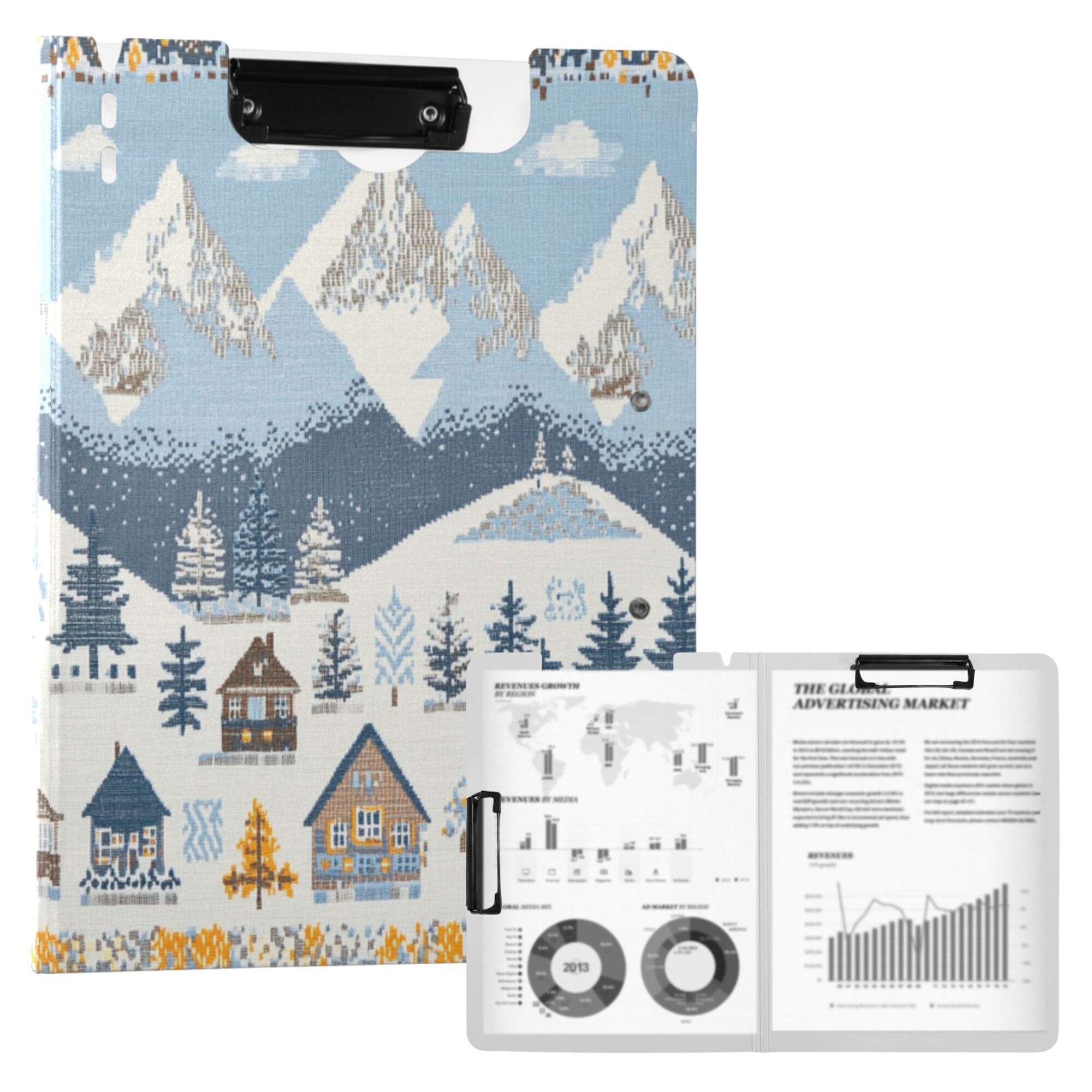 FORMRS A4 Clipboard Folder with Pen Holder Horizontal Foldable School Office Binder, Winter Village Serenity