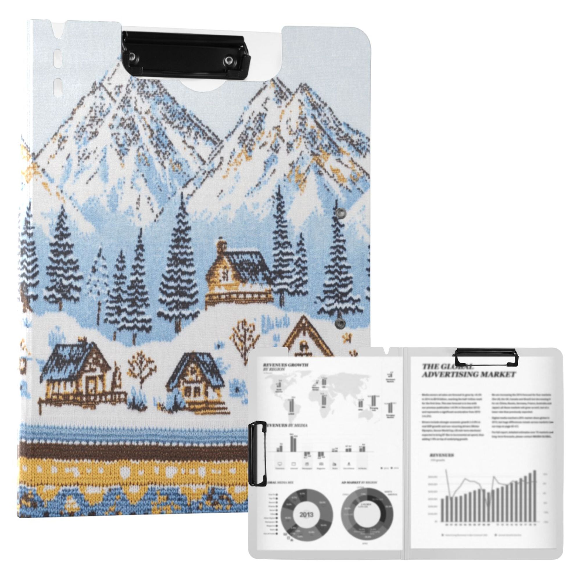 FORMRS A4 Clipboard Folder with Pen Holder Horizontal Foldable School Office Binder, Winter Village