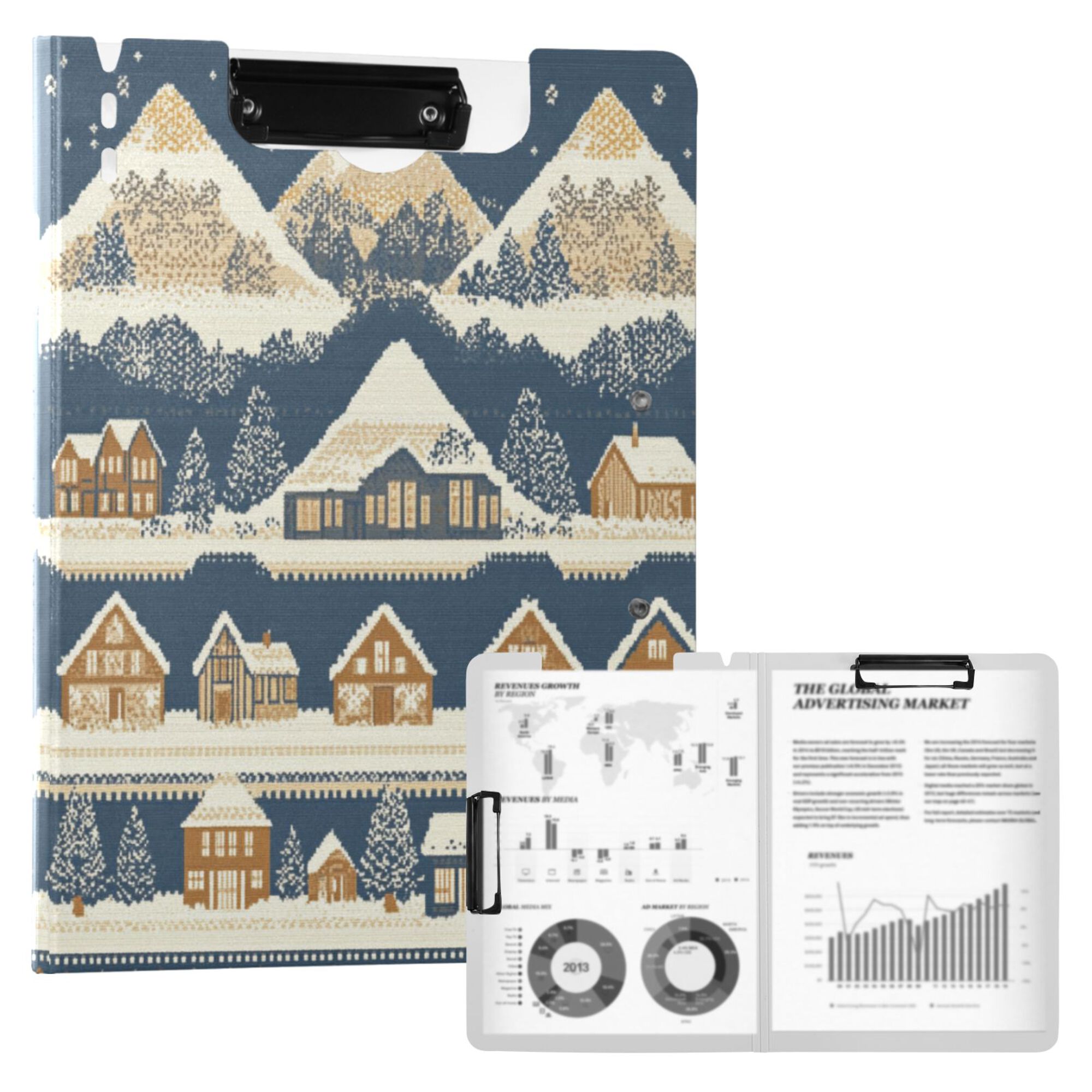 FORMRS A4 Clipboard Folder with Pen Holder Horizontal Foldable School Office Binder, Winter Village