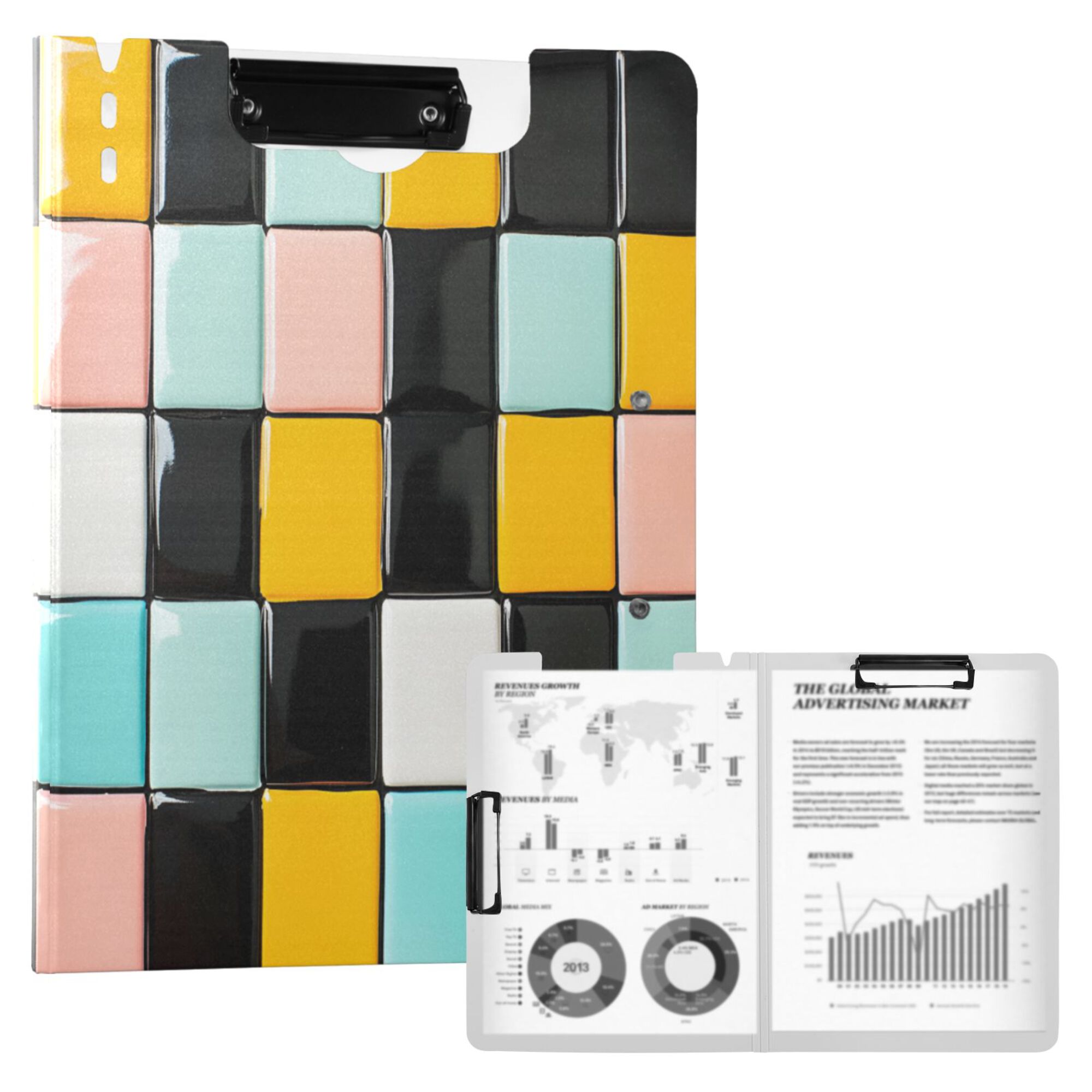 FORMRS A4 Clipboard Folder with Pen Holder Horizontal Foldable School Office Binder, Yellow Checkered Pattern