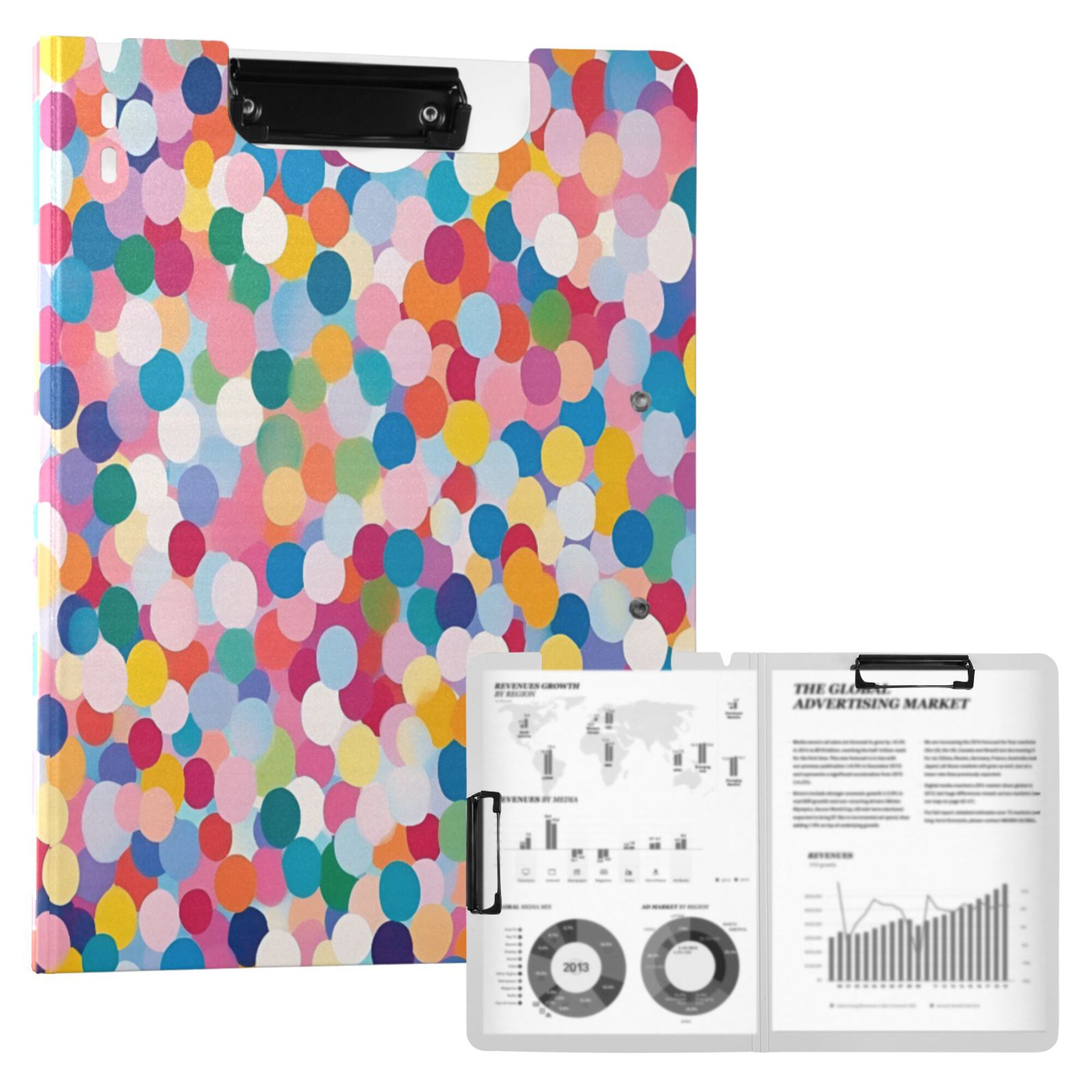 FORMRS A4 Clipboard Folder with Pen Holder Horizontal Foldable School Office Binder, Yellow Colorful Circles