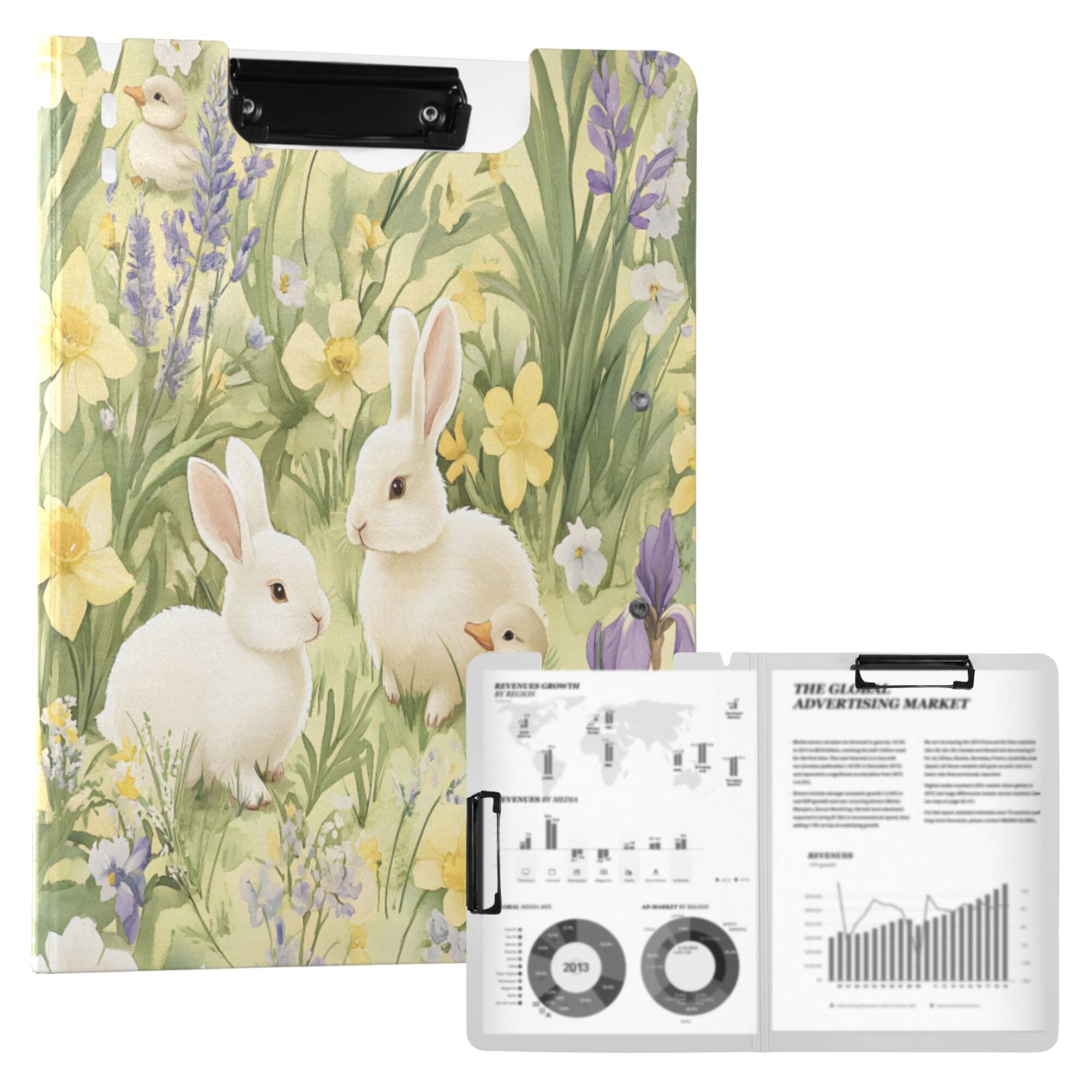 FORMRS A4 Clipboard Folder with Pen Holder Horizontal Foldable School Office Binder, Yellow Floral Rabbit
