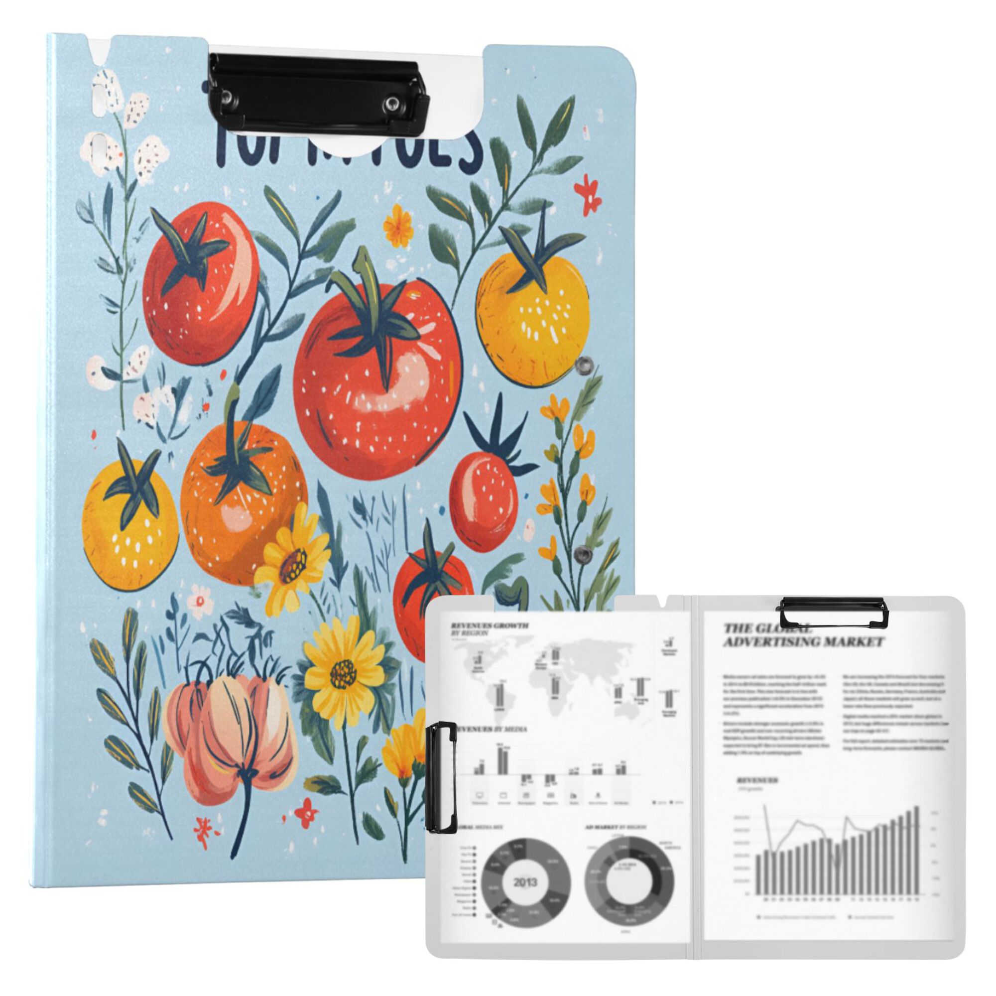 FORMRS A4 Clipboard Folder with Pen Holder Horizontal Foldable School Office Binder, Yellow Floral Tomatoes
