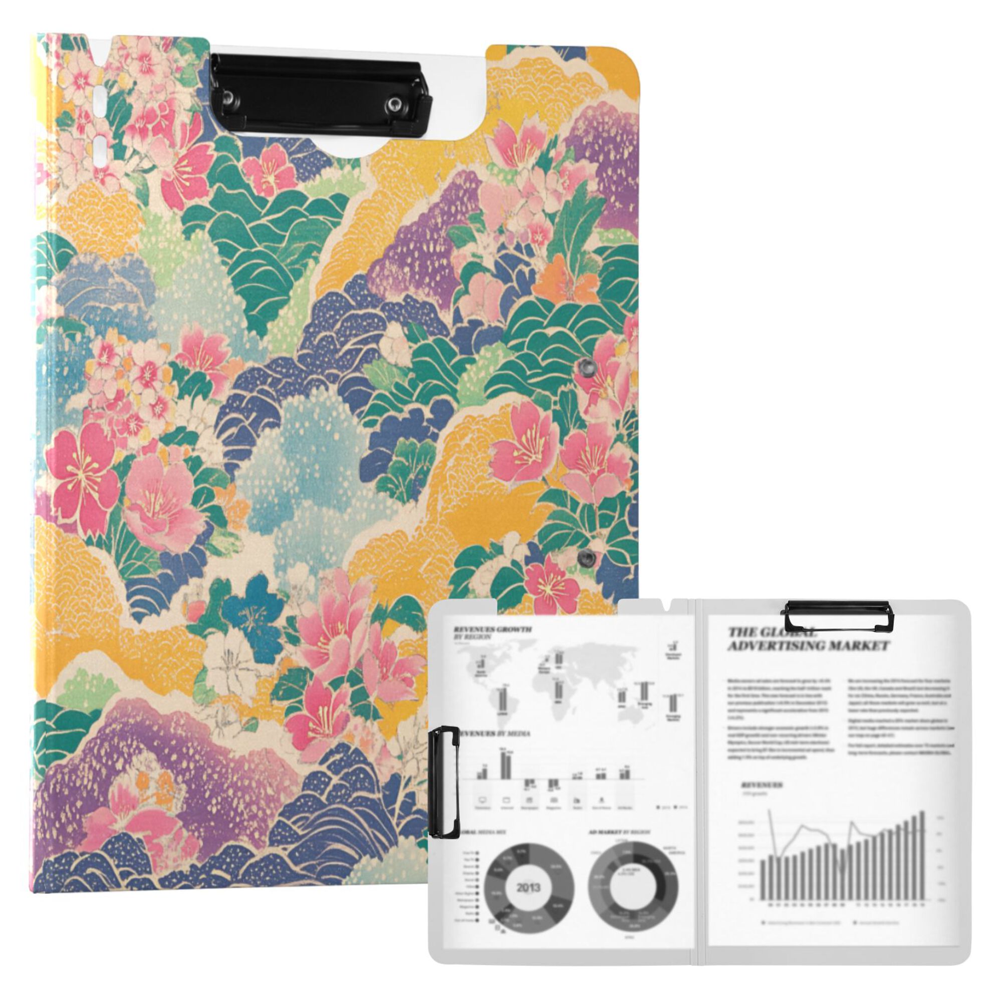 FORMRS A4 Clipboard Folder with Pen Holder Horizontal Foldable School Office Binder, Yellow Floral Wave
