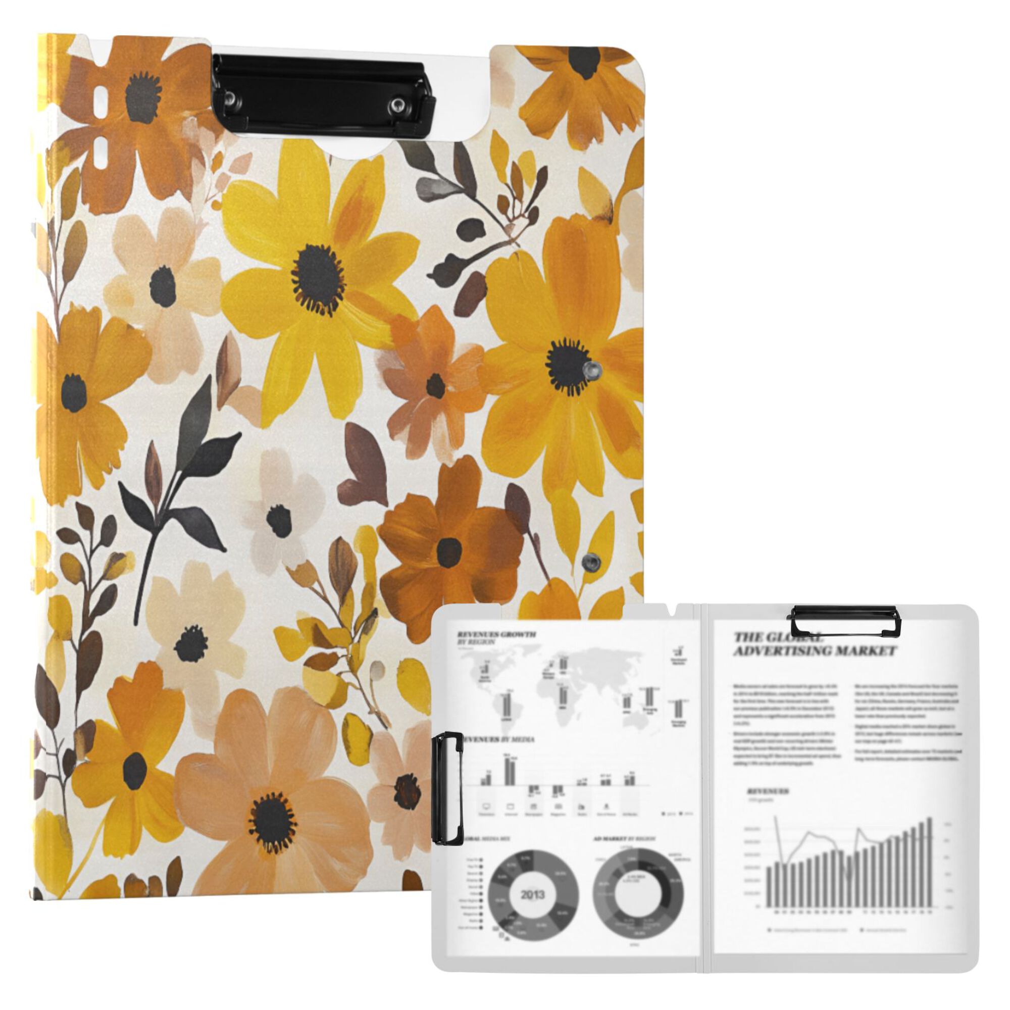 FORMRS A4 Clipboard Folder with Pen Holder Horizontal Foldable School Office Binder, Yellow Flowers