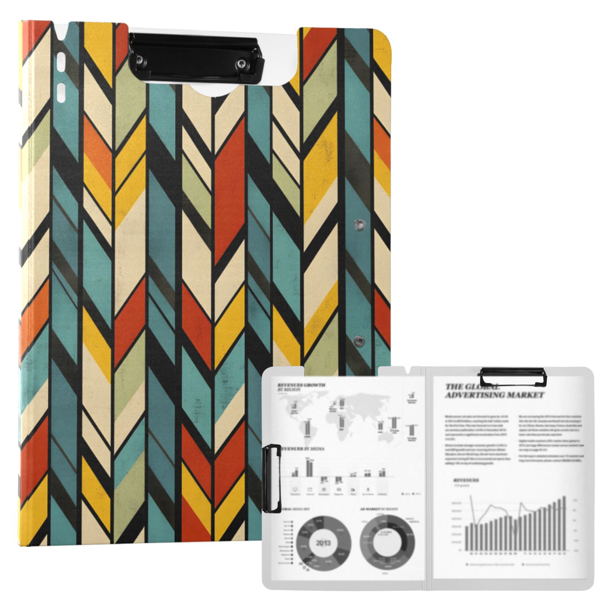 FORMRS A4 Clipboard Folder with Pen Holder Horizontal Foldable School Office Binder, Yellow Geometric