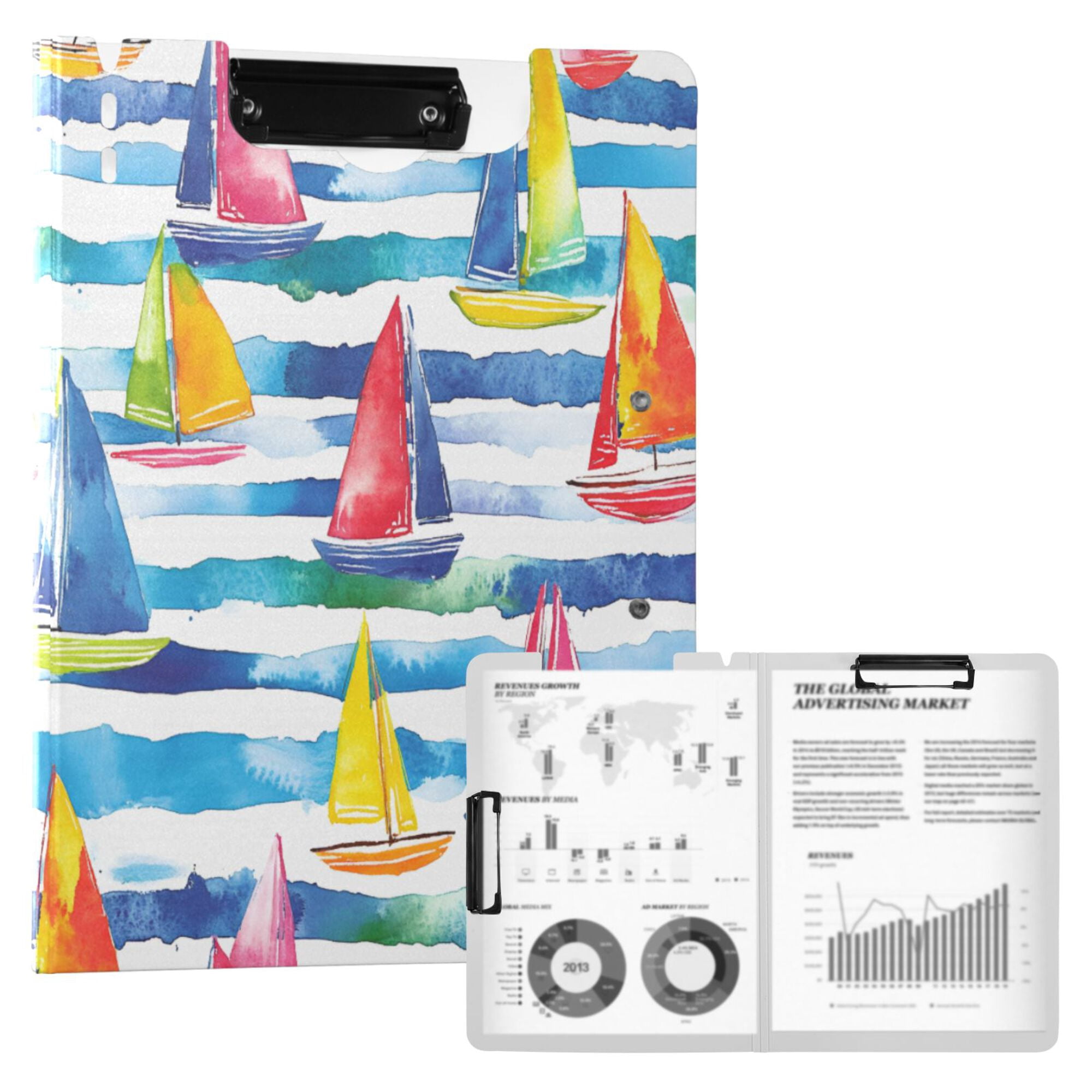 FORMRS A4 Clipboard Folder with Pen Holder Horizontal Foldable School Office Binder, Yellow Hand Drawn Sailboats