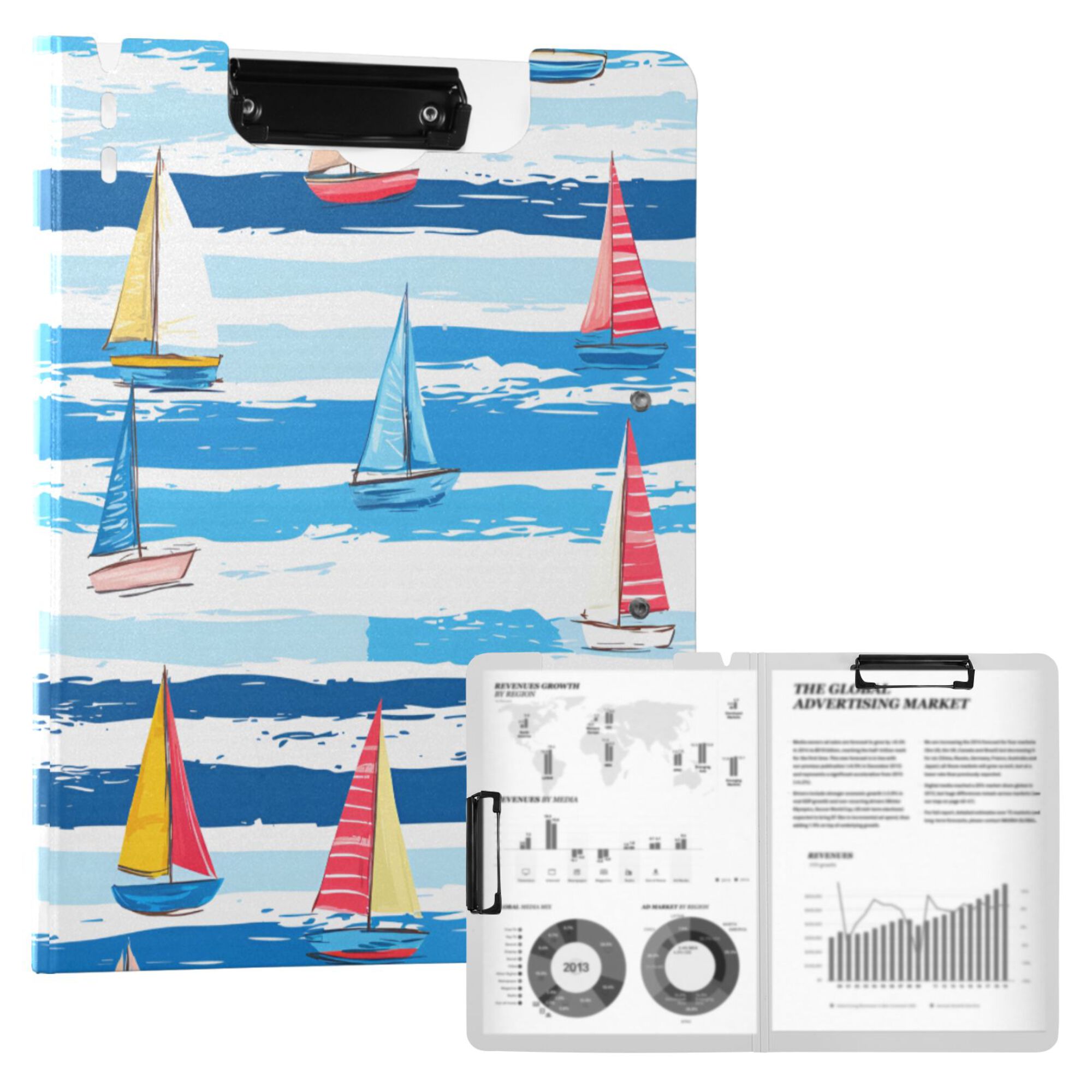 FORMRS A4 Clipboard Folder with Pen Holder Horizontal Foldable School Office Binder, Yellow Sailboats