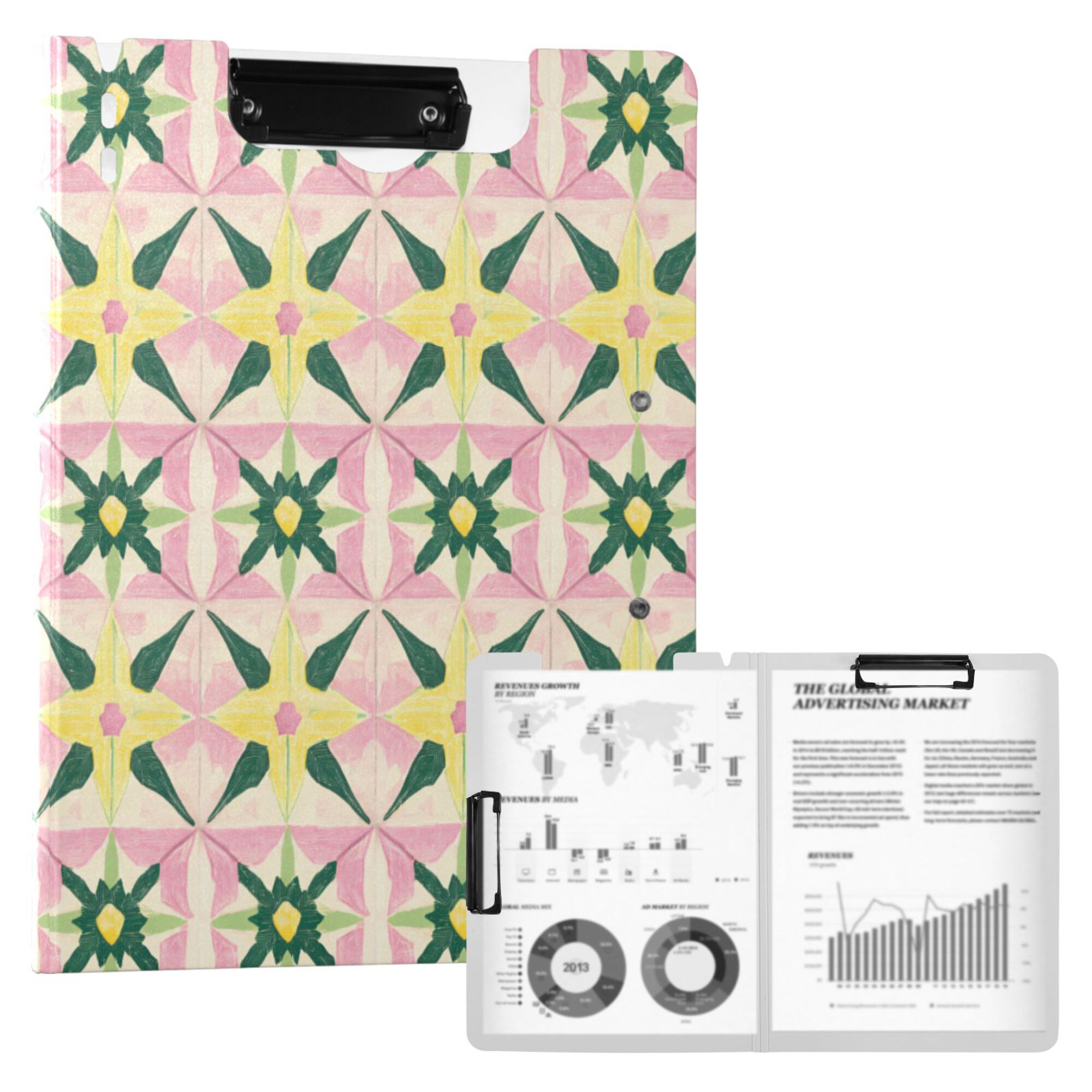 FORMRS A4 Clipboard Folder with Pen Holder Horizontal Foldable School Office Binder, Yellow Symmetrical Stars