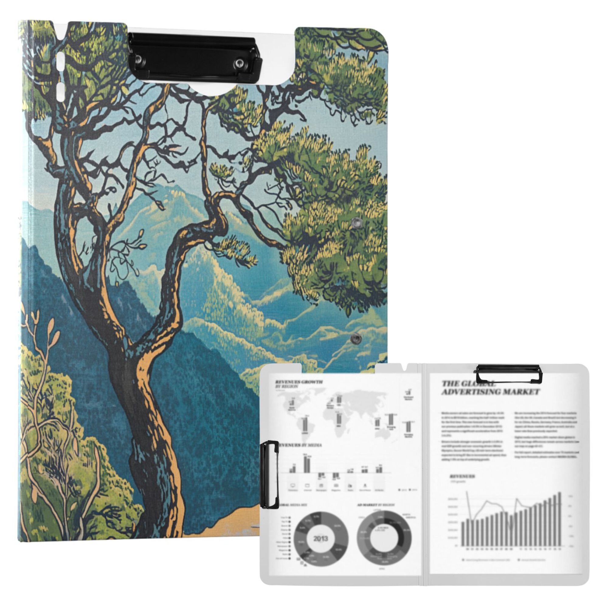 FORMRS A4 Clipboard Folder with Pen Holder Horizontal Foldable School Office Binder, Yellow Tree